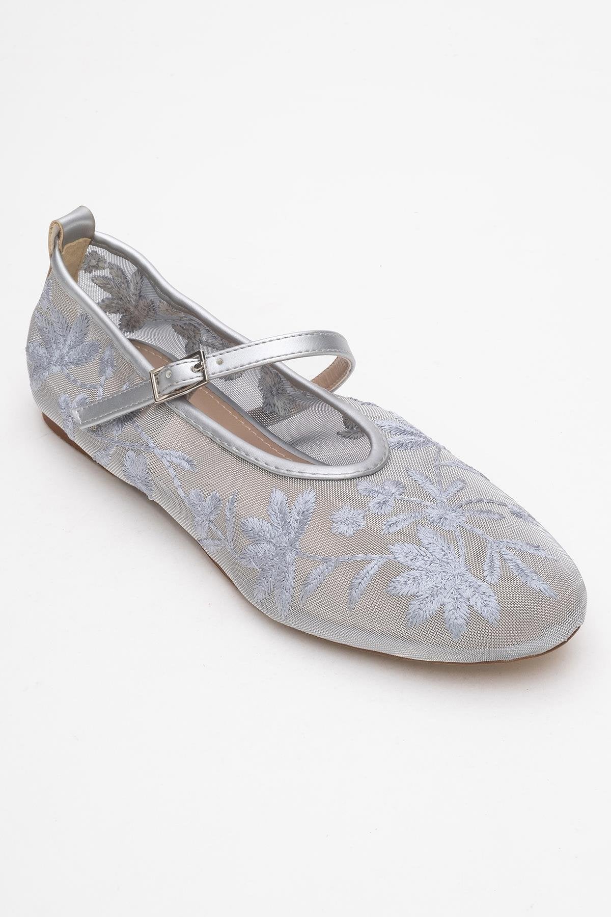 Juny Gray Mesh Floral Embroidery Ballet Flat – detail view showing leather, mesh, red, SimmiUnique