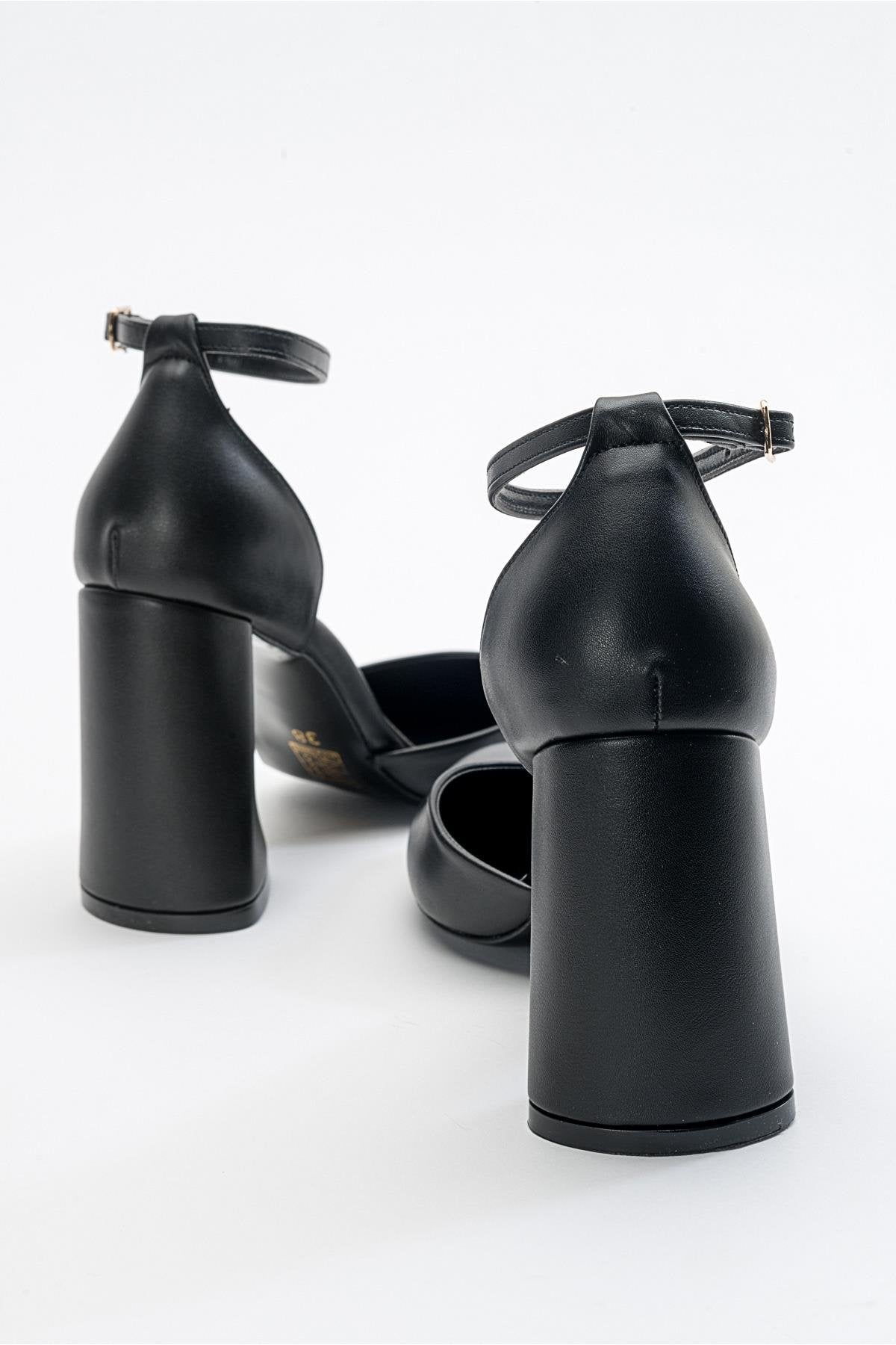 Oslo - Black Heeled Shoe – detail view showing leather, black, SimmiUnique