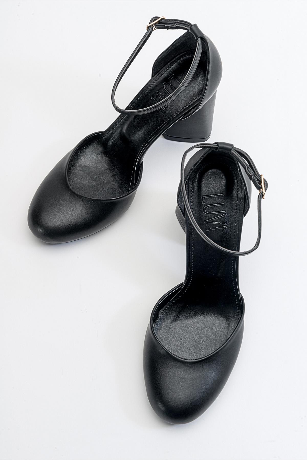 Oslo - Black Heeled Shoe – heel view showing leather, black, SimmiUnique