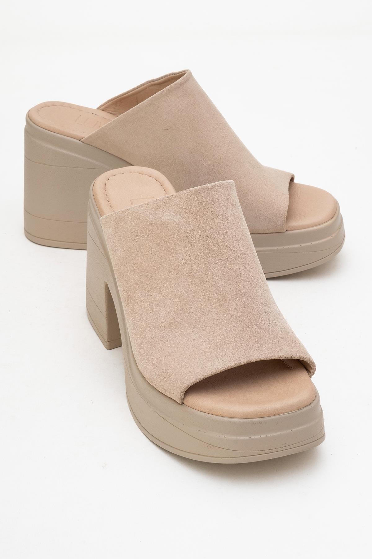 Nola - Beige Suede Leather Heeled Mules – front three-quarter view showing leather, suede, SimmiUnique