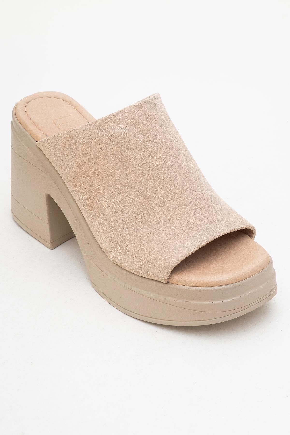 Nola - Beige Suede Leather Heeled Mules – detail view showing leather, suede, SimmiUnique