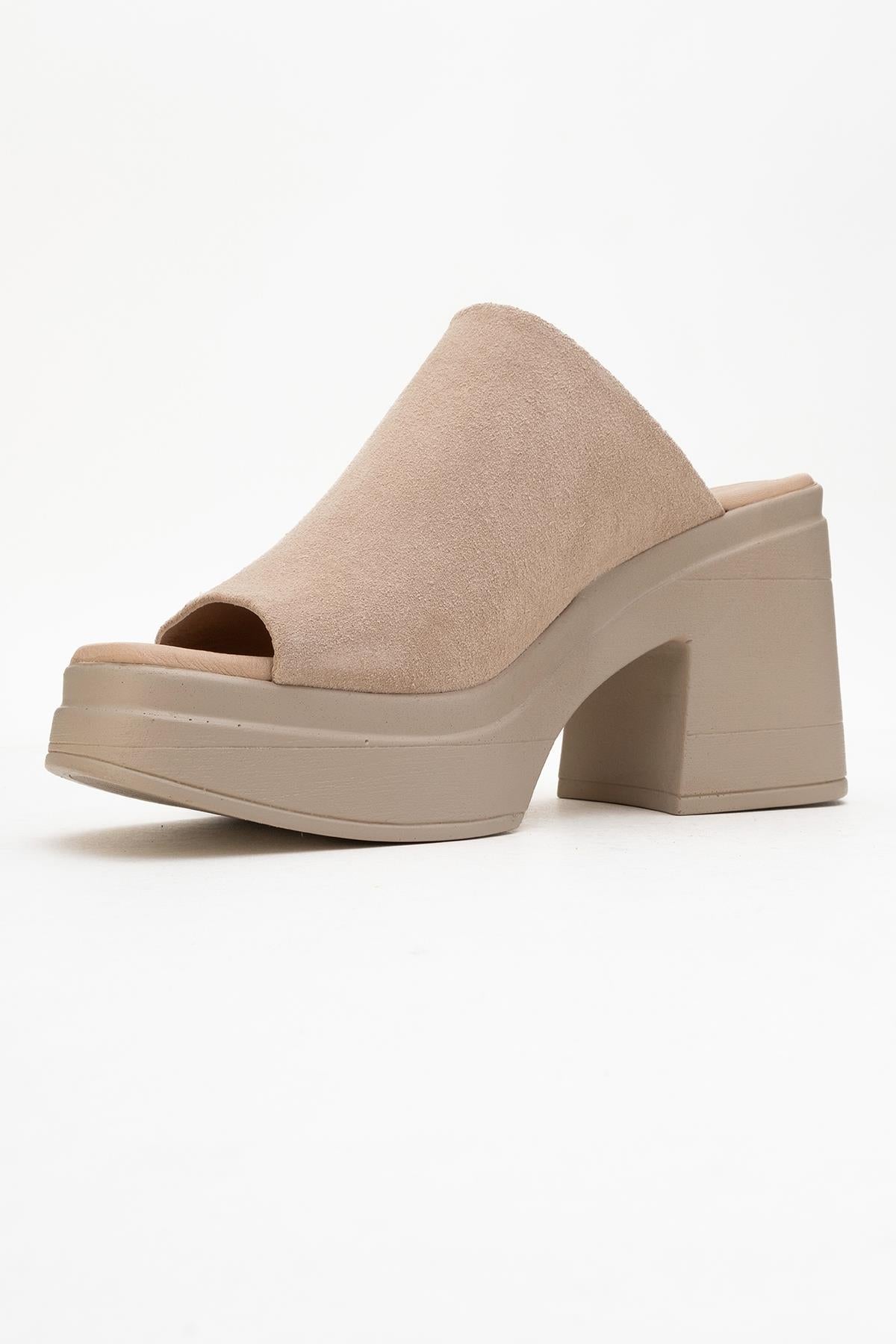 Nola - Beige Suede Leather Heeled Mules – heel view showing leather, suede, SimmiUnique