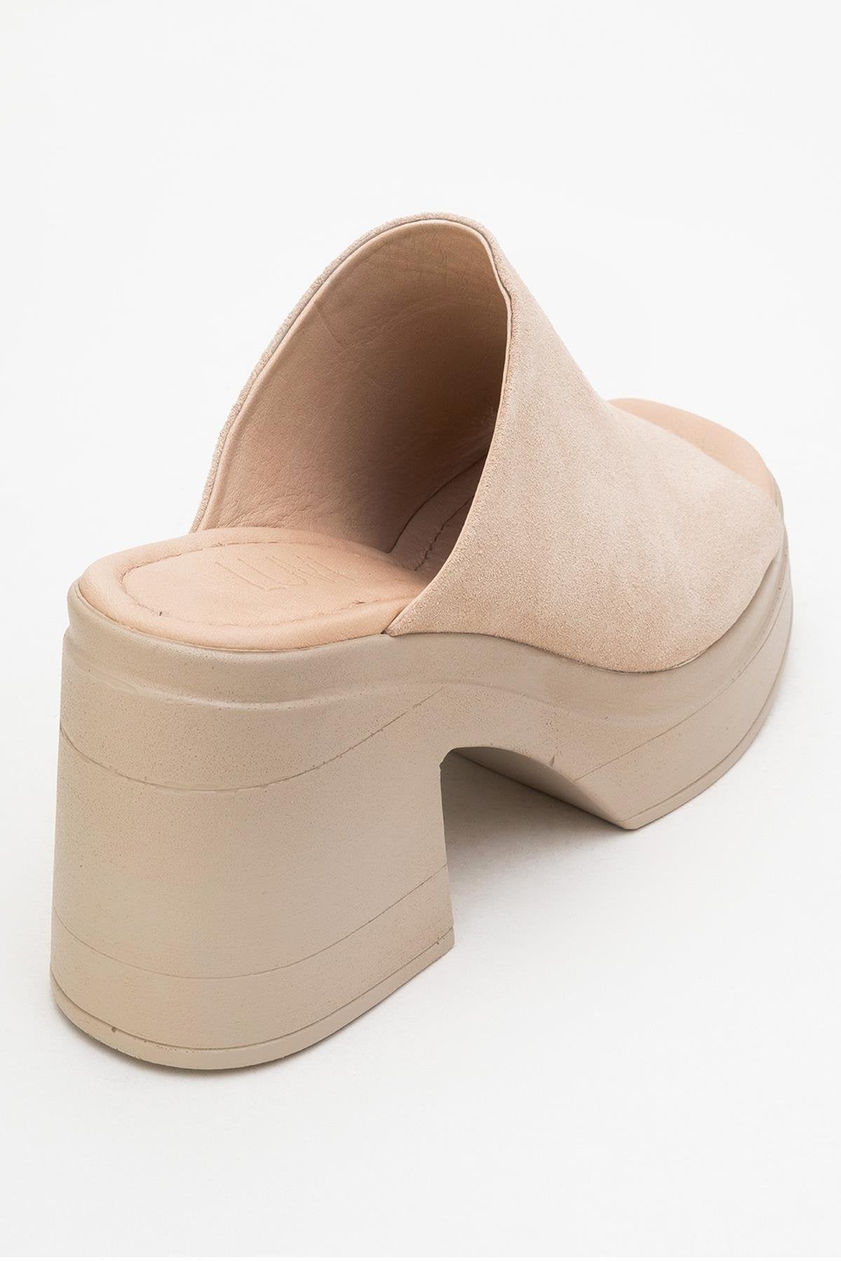 Nola - Beige Suede Leather Heeled Mules – back view showing leather, suede, SimmiUnique