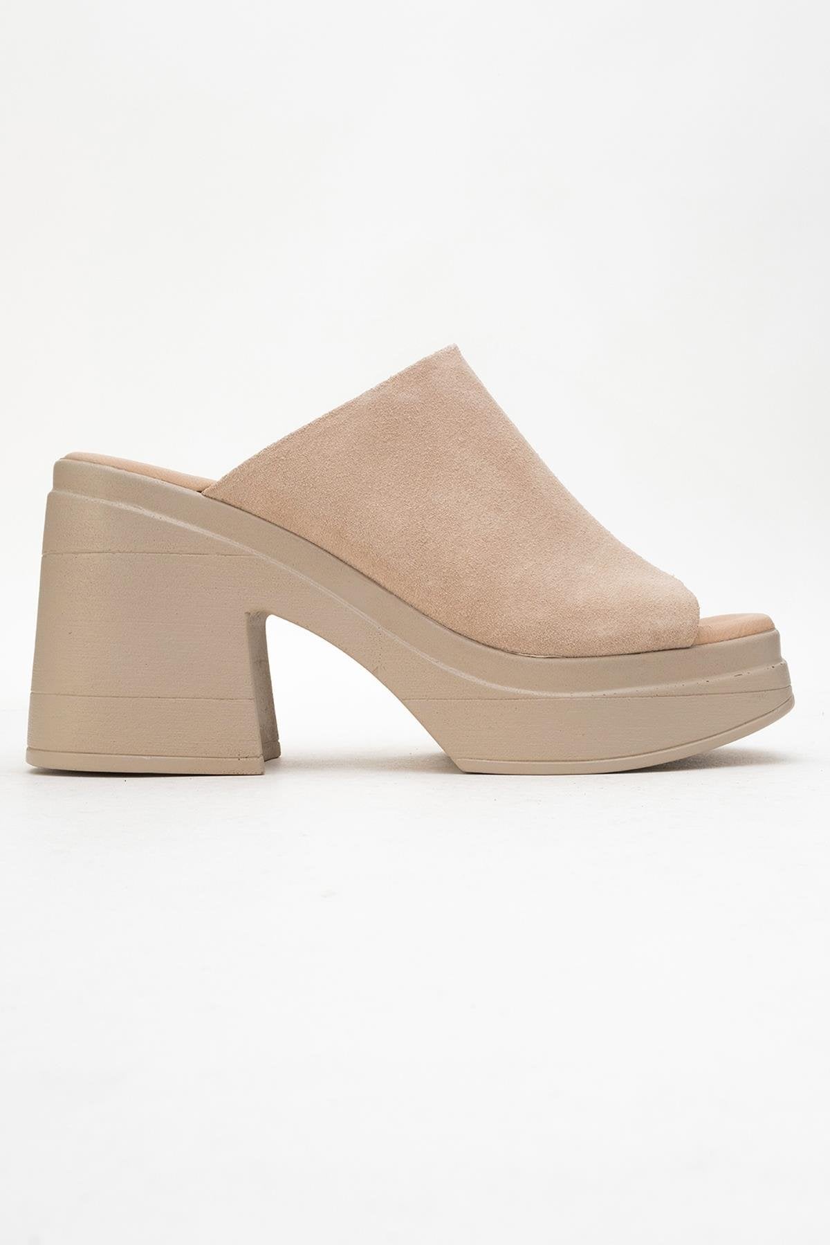 Nola - Beige Suede Leather Heeled Mules – top view showing leather, suede, SimmiUnique