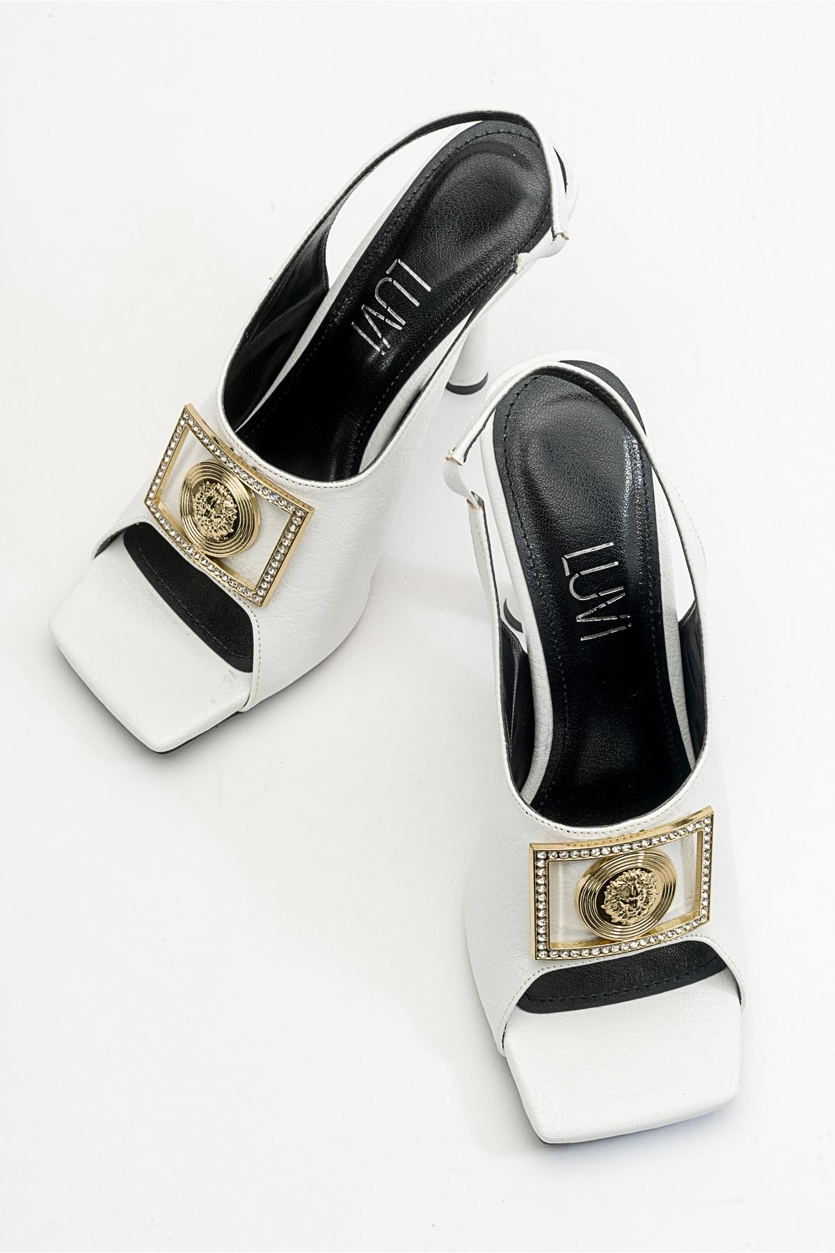 Olney - White Heeled Shoe – back view showing leather, white, SimmiUnique