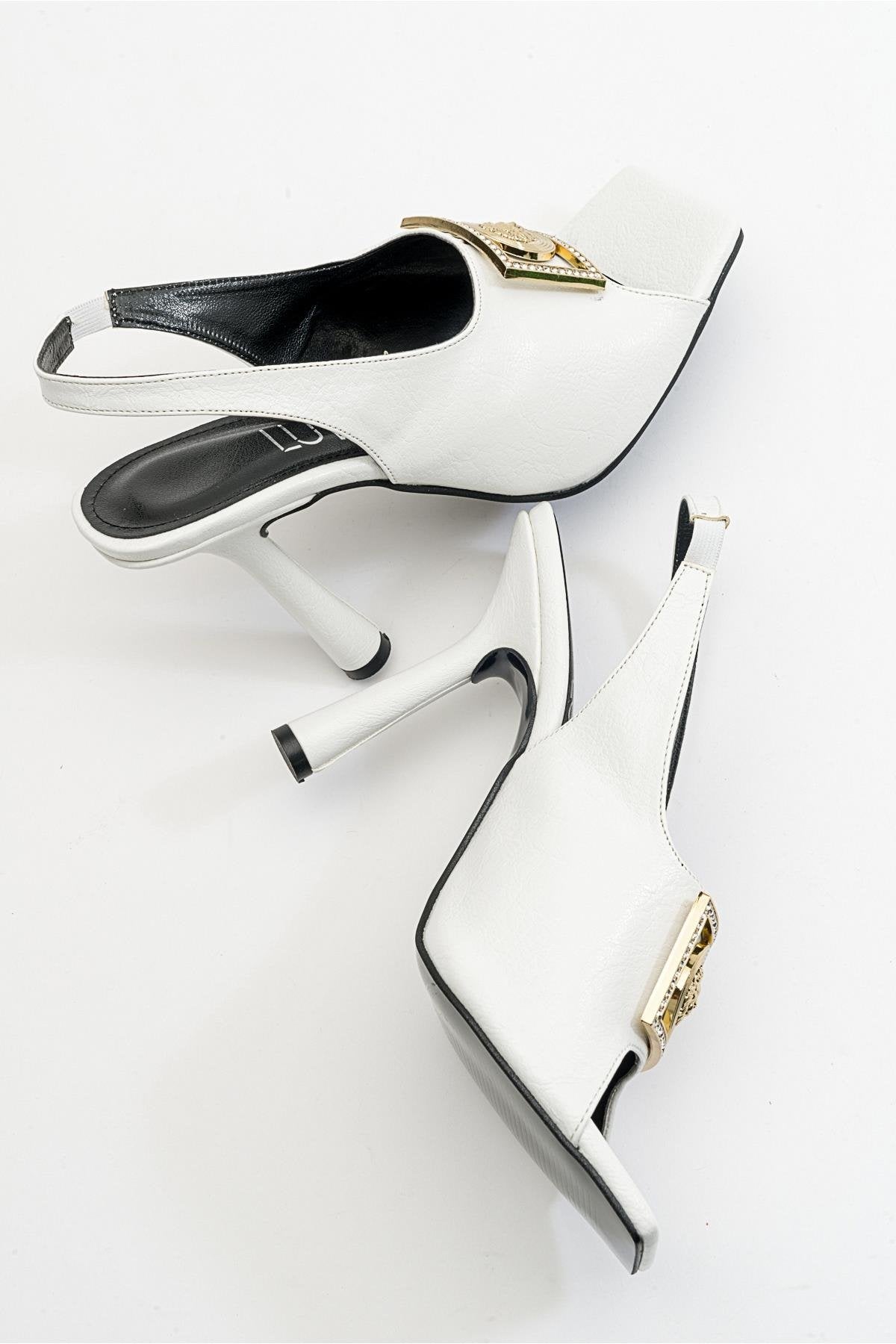 Olney - White Heeled Shoe – top view showing leather, white, SimmiUnique