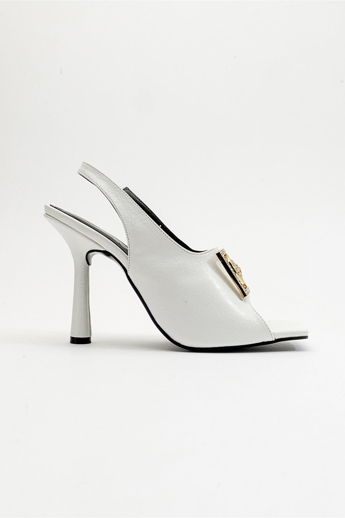 Olney - White Heeled Shoe – sole view showing leather, white, SimmiUnique