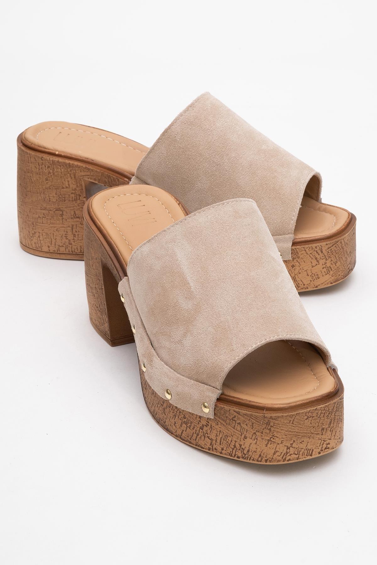 Pull - Beige Suede Leather Heeled Mules – front three-quarter view showing leather, suede, red, SimmiUnique