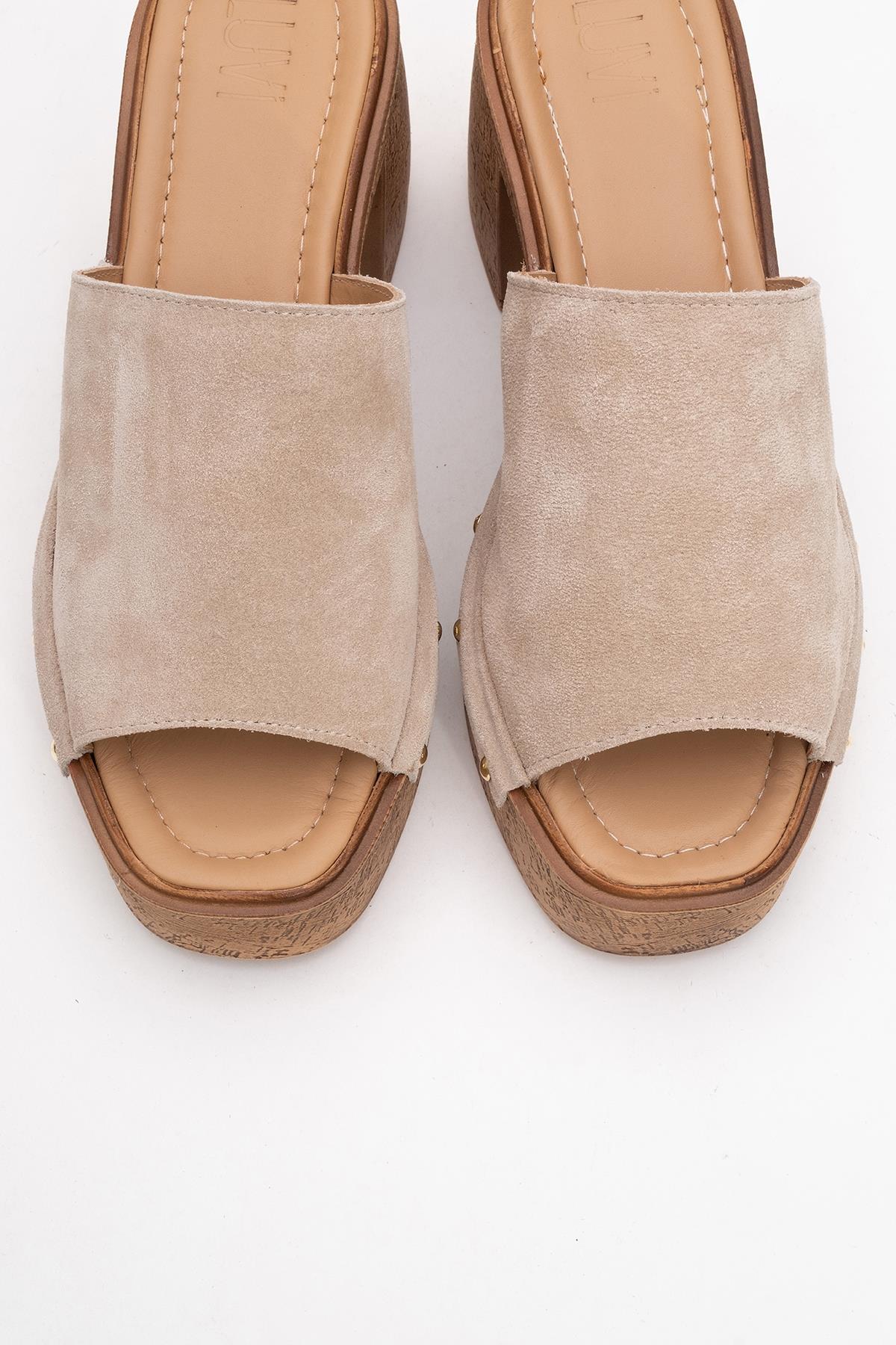 Pull - Beige Suede Leather Heeled Mules – side view showing leather, suede, red, SimmiUnique