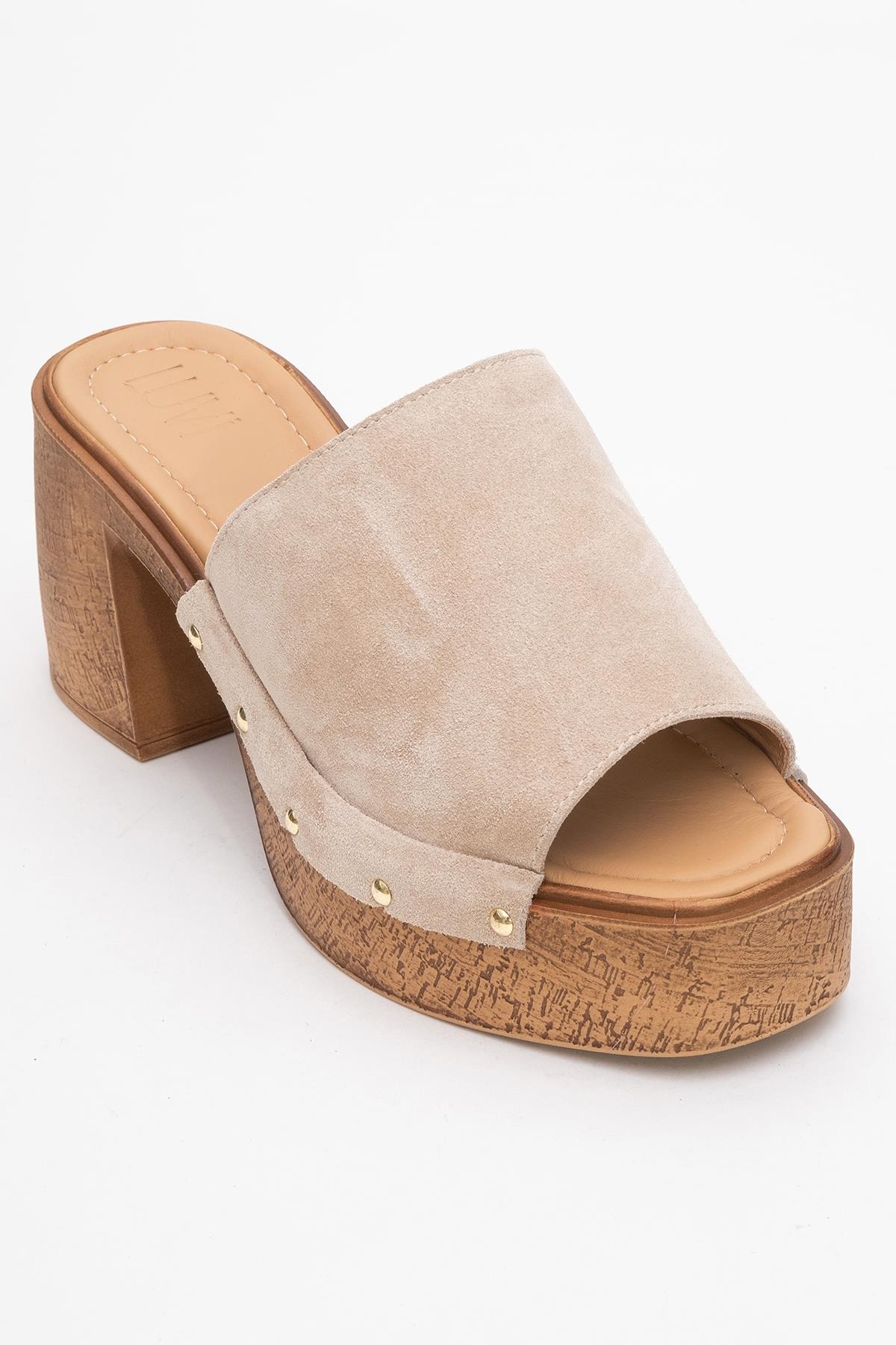 Pull - Beige Suede Leather Heeled Mules – detail view showing leather, suede, red, SimmiUnique