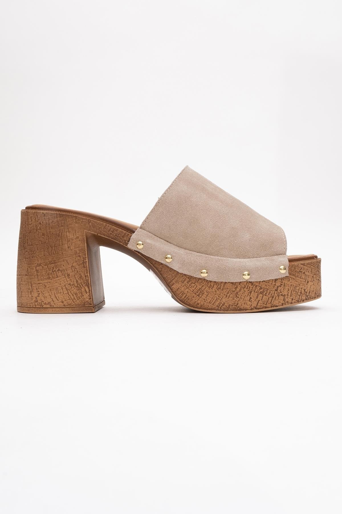 Pull - Beige Suede Leather Heeled Mules – top view showing leather, suede, red, SimmiUnique