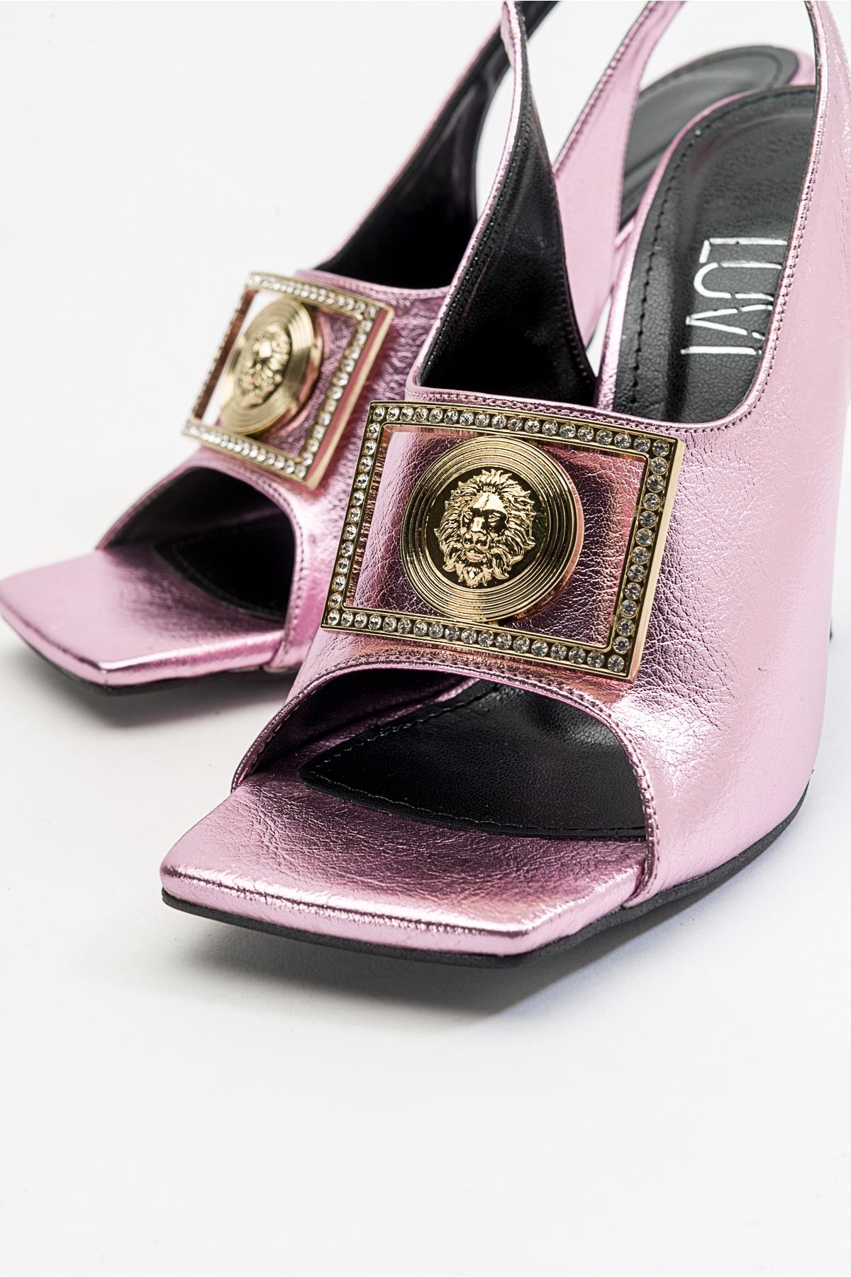 Olney - Pink Heeled Shoe – heel view showing leather, pink, SimmiUnique