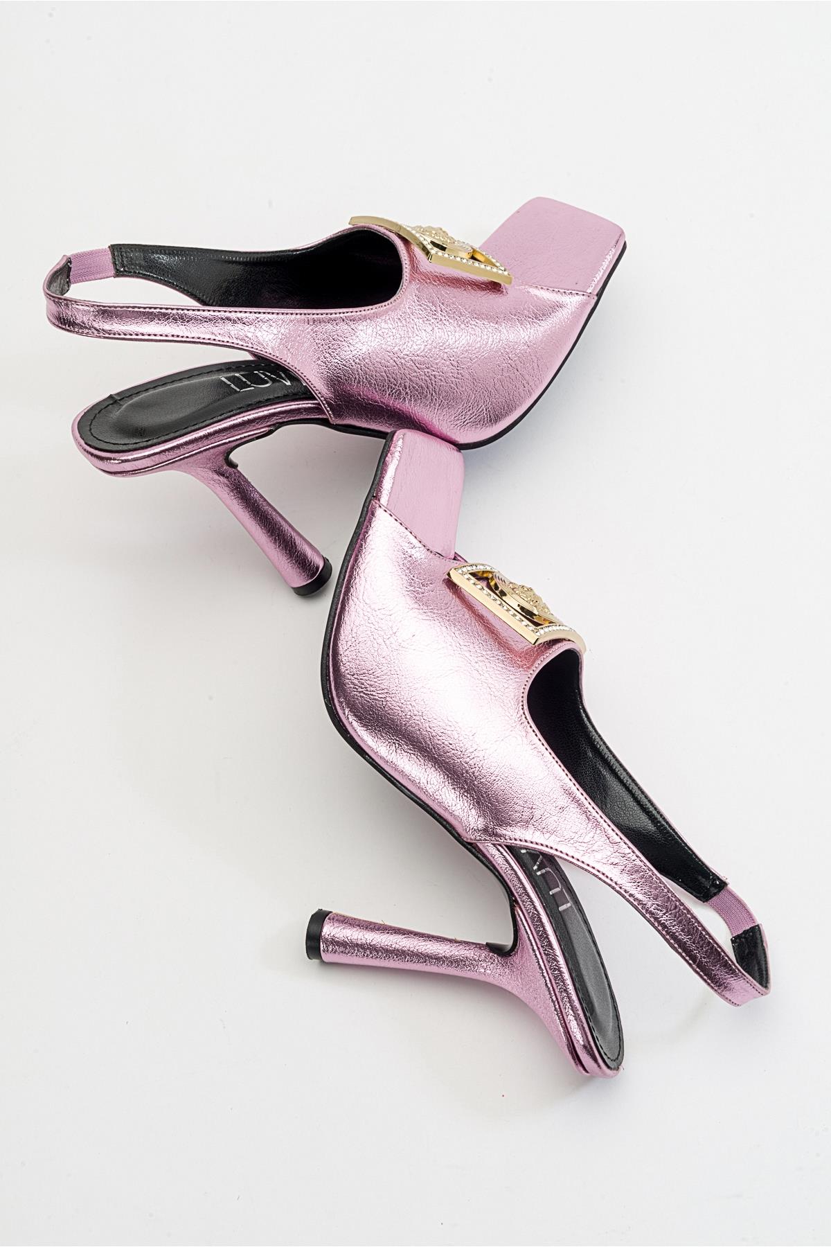 Olney - Pink Heeled Shoe – back view showing leather, pink, SimmiUnique
