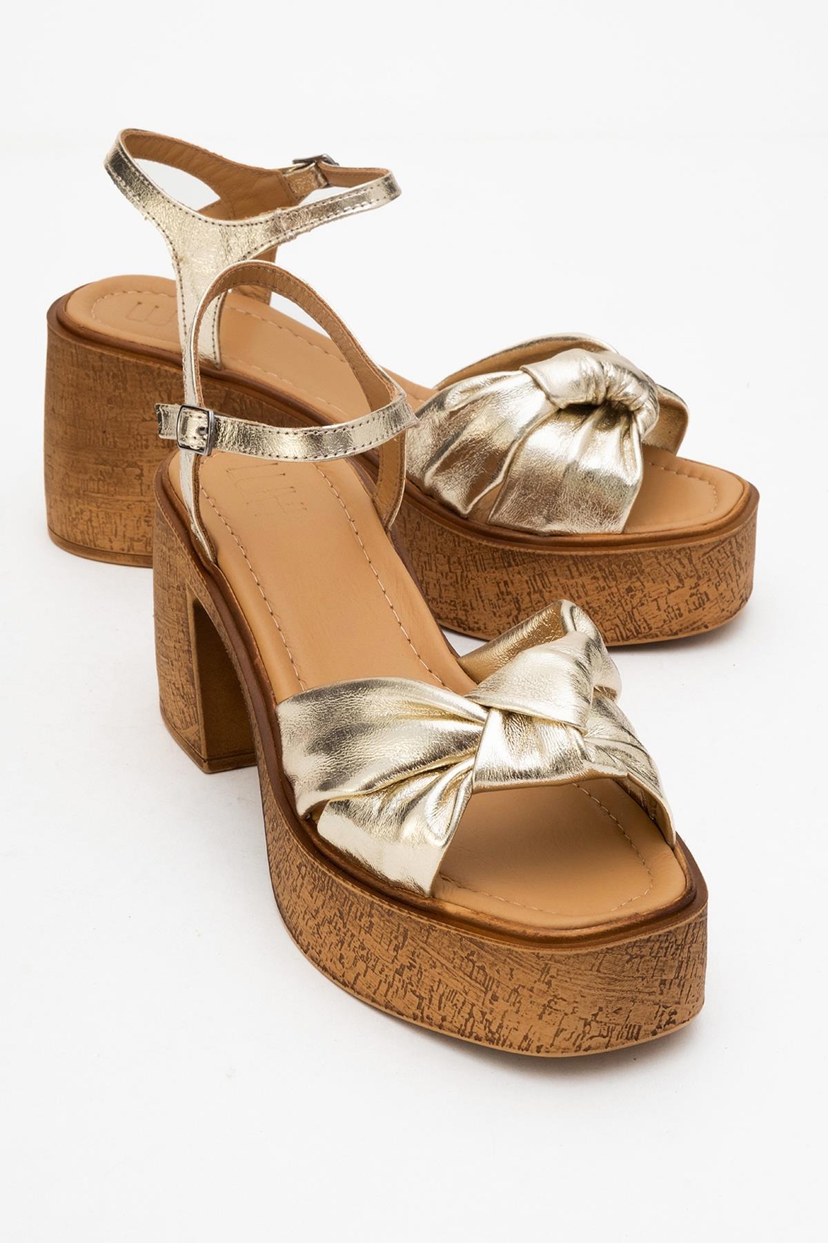 Tily - Gold Platform Wedge Leather Sandal – front three-quarter view showing leather, gold, SimmiUnique