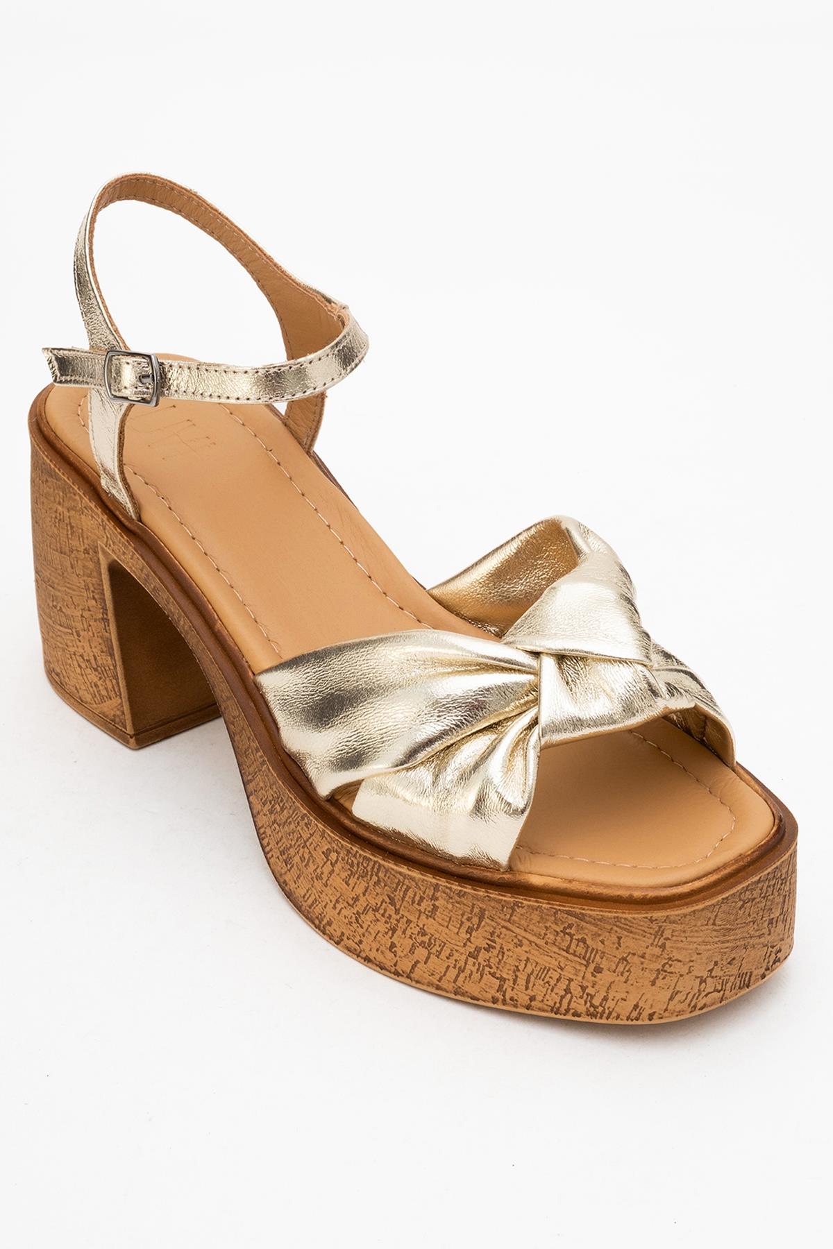 Tily - Gold Platform Wedge Leather Sandal – heel view showing leather, gold, SimmiUnique