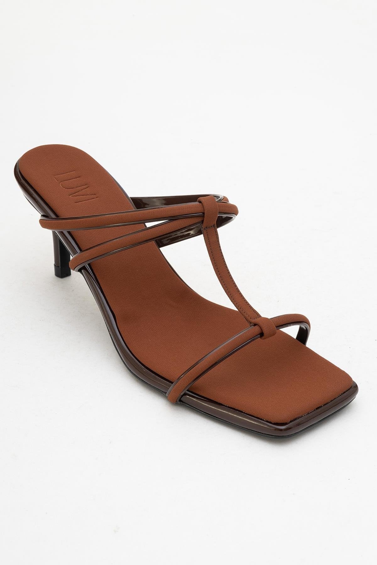 Mocha Brown Square‑Toe Thin‑Strap Heel Sandal – detail view showing leather, red, SimmiUnique