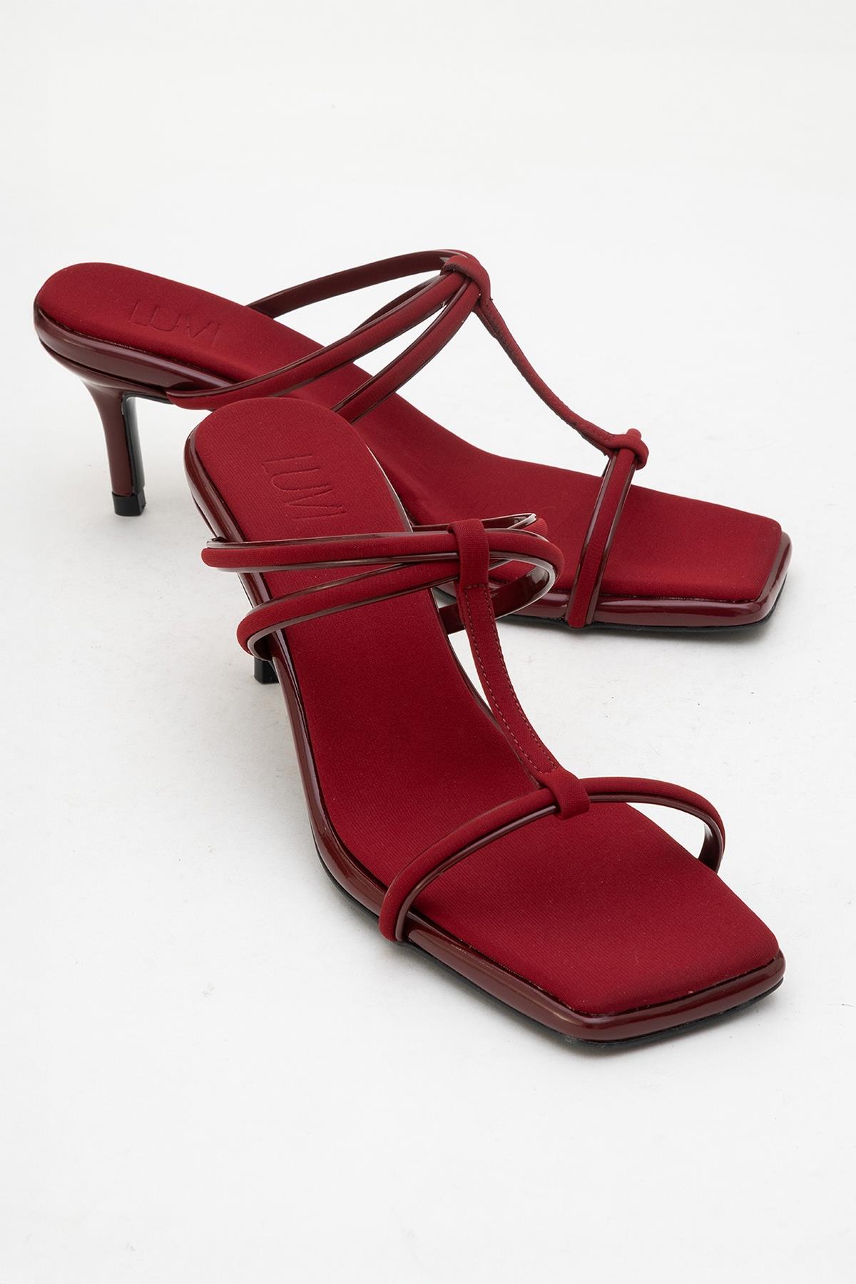 Mocha Burgundy Square‑Toe Thin‑Strap Heel Sandal – front three-quarter view showing leather, red, SimmiUnique