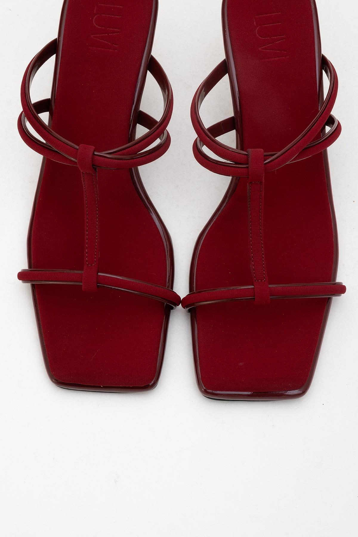 Mocha Burgundy Square‑Toe Thin‑Strap Heel Sandal – side view showing leather, red, SimmiUnique