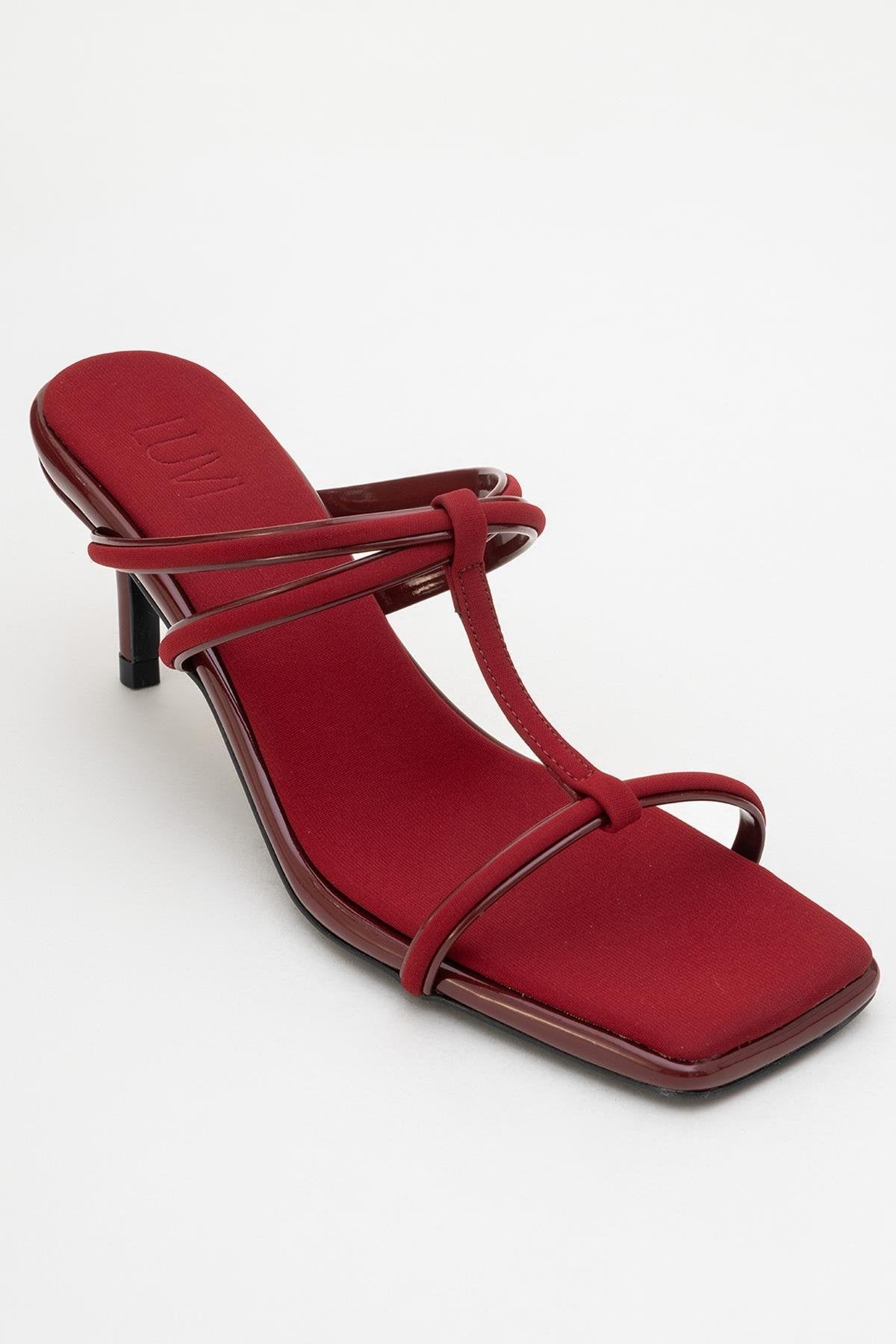 Mocha Burgundy Square‑Toe Thin‑Strap Heel Sandal – detail view showing leather, red, SimmiUnique