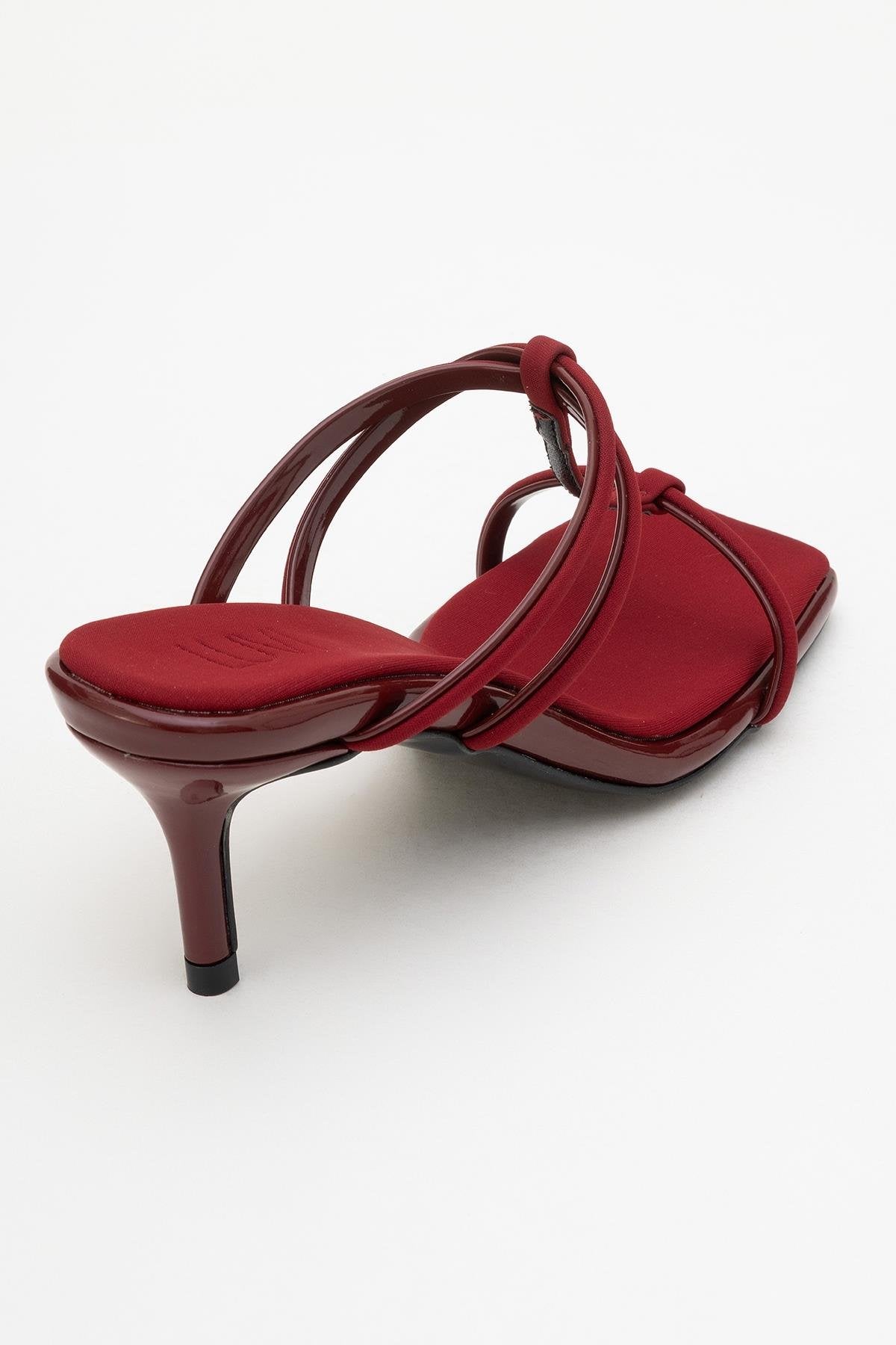 Mocha Burgundy Square‑Toe Thin‑Strap Heel Sandal – back view showing leather, red, SimmiUnique