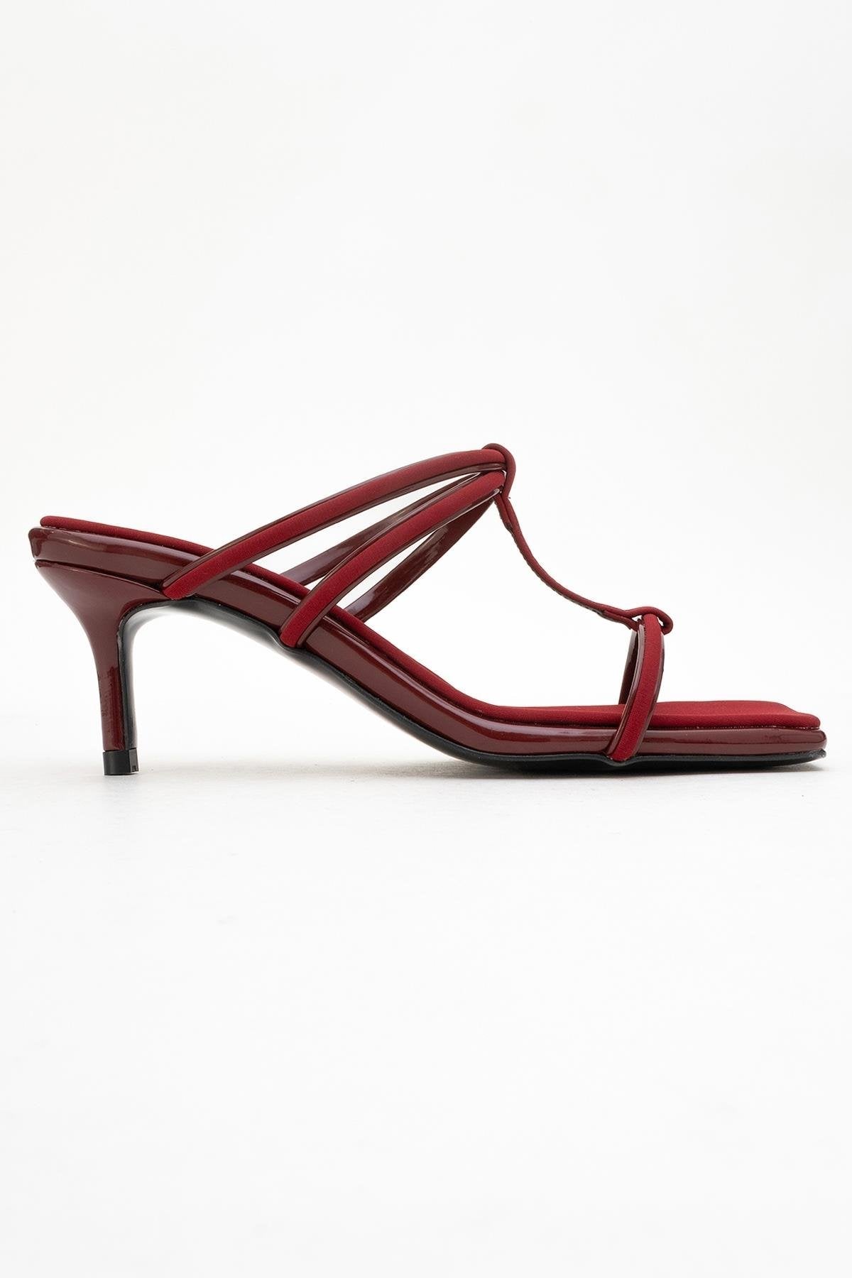 Mocha Burgundy Square‑Toe Thin‑Strap Heel Sandal – top view showing leather, red, SimmiUnique