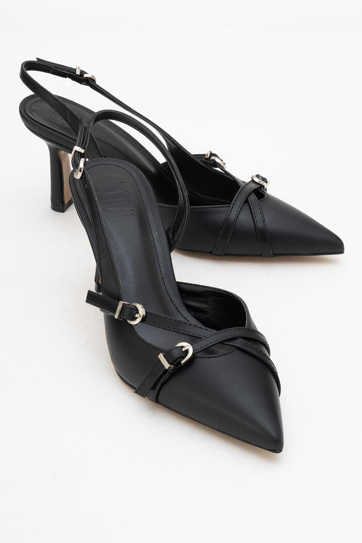 Biana - Black Buckle Pointed Toe Pump – front three-quarter view showing leather, black, SimmiUnique
