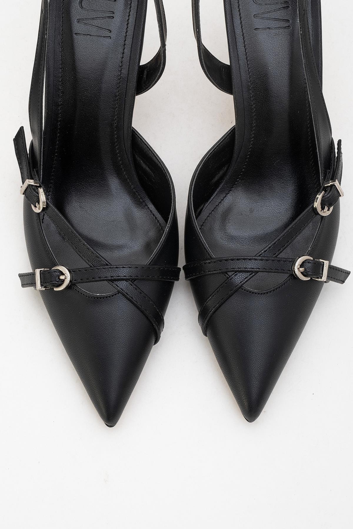 Biana - Black Buckle Pointed Toe Pump – side view showing leather, black, SimmiUnique