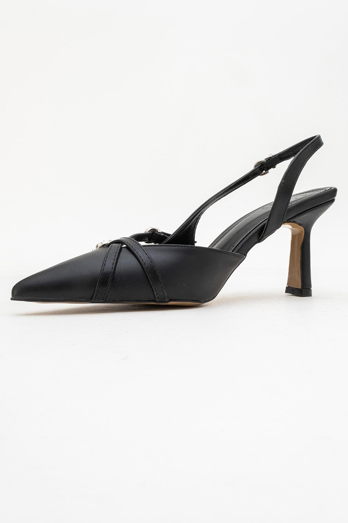 Biana - Black Buckle Pointed Toe Pump – heel view showing leather, black, SimmiUnique