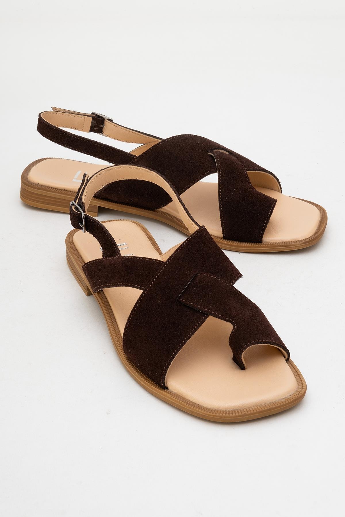 Louna - Brown Suede Leather Thong Sandals – front three-quarter view showing leather, suede, SimmiUnique