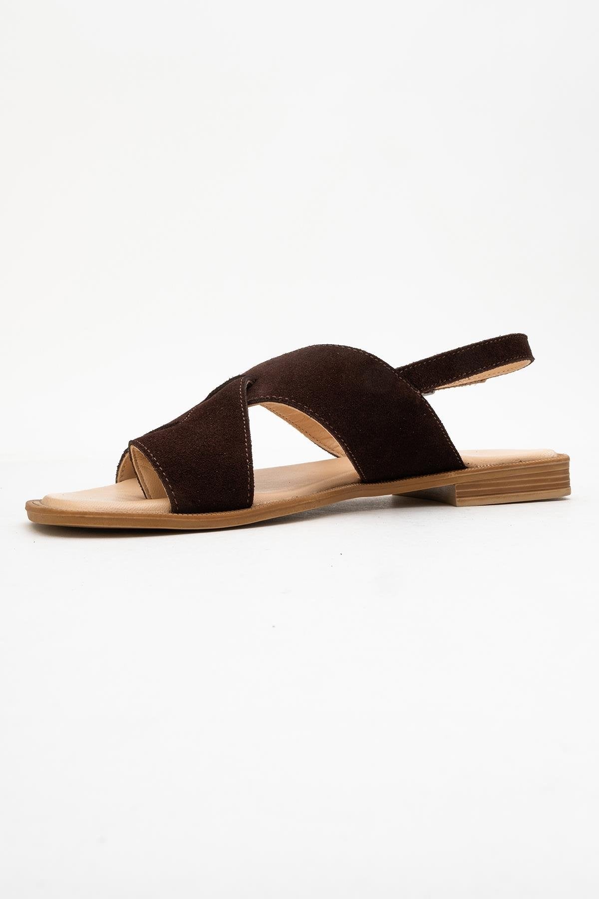 Louna - Brown Suede Leather Thong Sandals – heel view showing leather, suede, SimmiUnique
