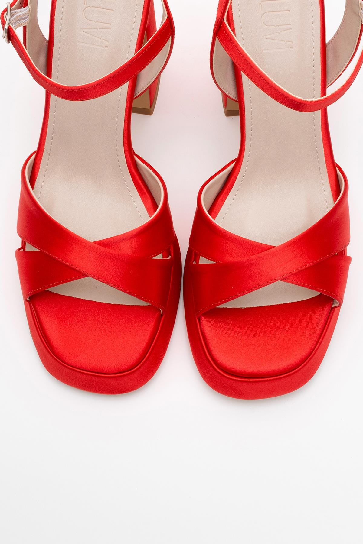 Lello - Red Satin Platform Heel Shoe – side view showing satin, leather, red, SimmiUnique