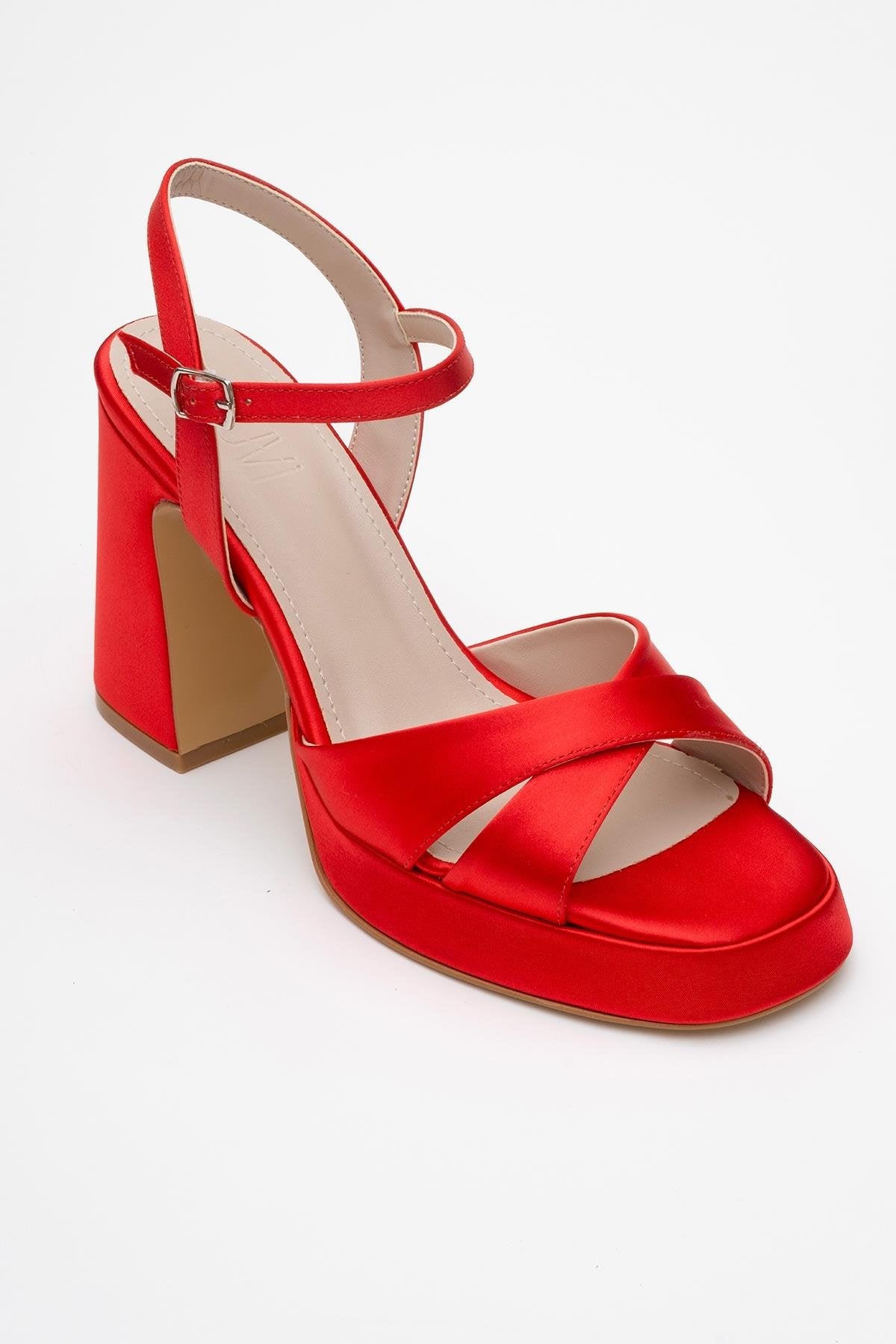 Lello - Red Satin Platform Heel Shoe – detail view showing satin, leather, red, SimmiUnique