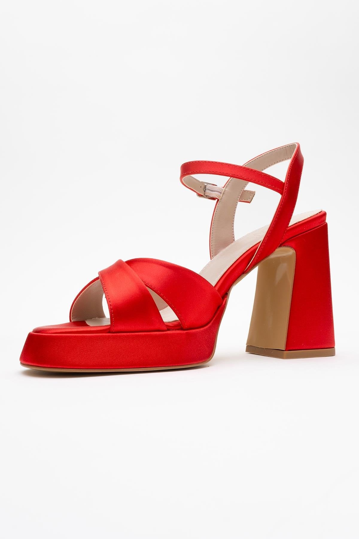 Lello - Red Satin Platform Heel Shoe – heel view showing satin, leather, red, SimmiUnique