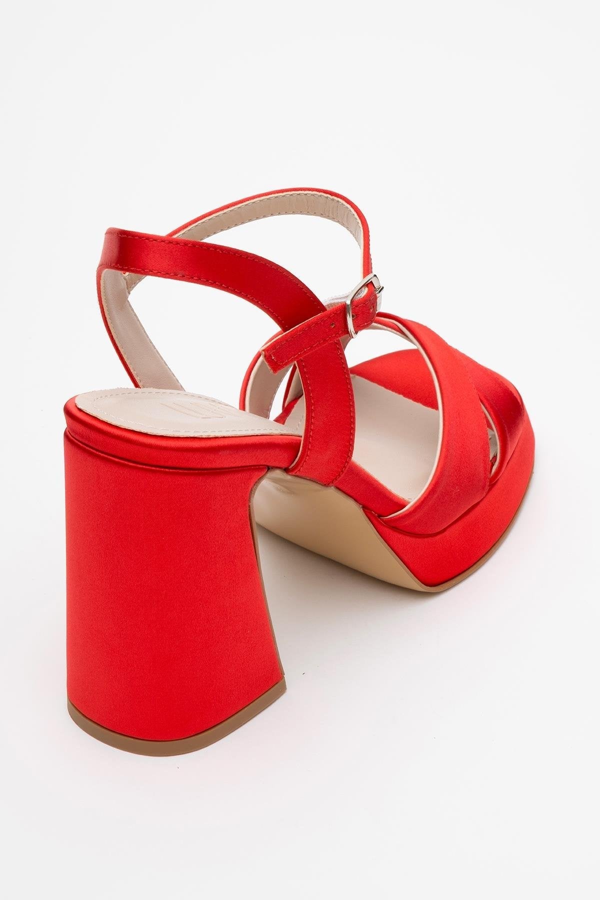 Lello - Red Satin Platform Heel Shoe – back view showing satin, leather, red, SimmiUnique