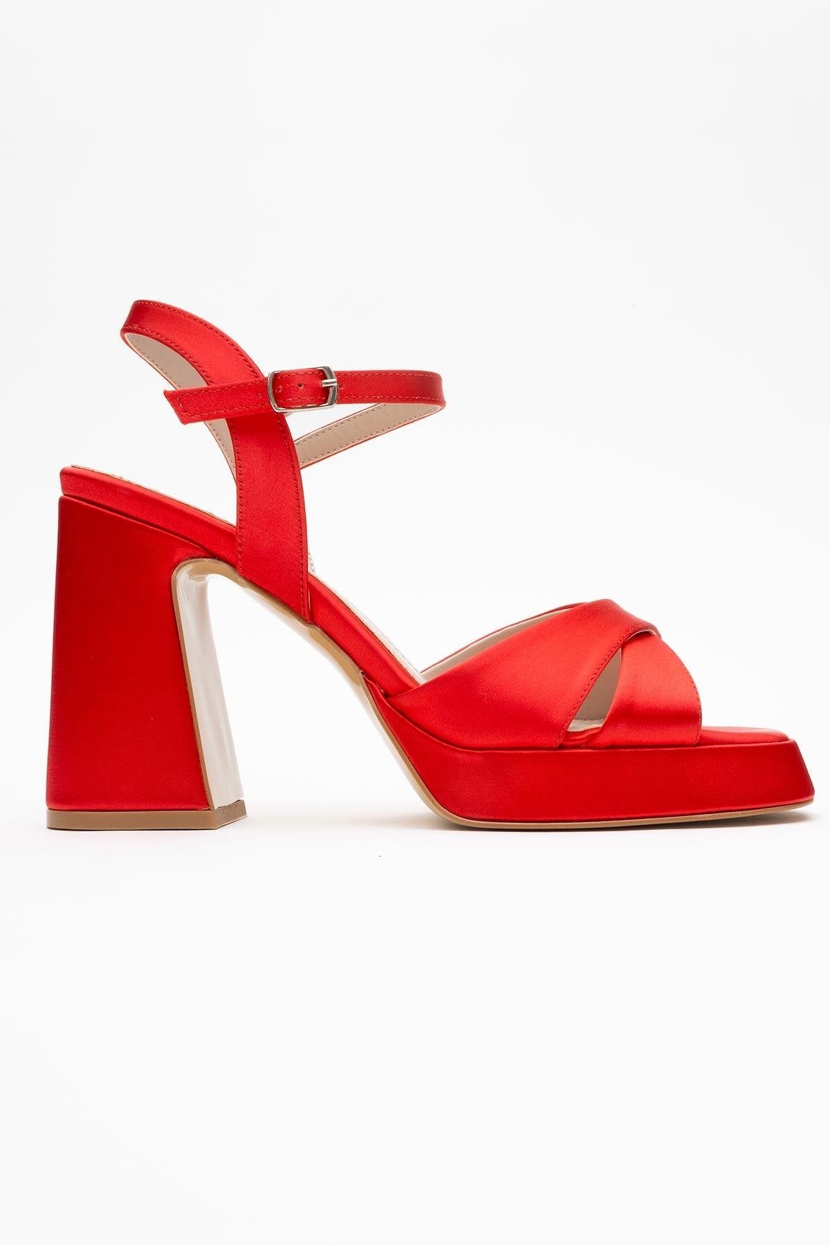 Lello - Red Satin Platform Heel Shoe – top view showing satin, leather, red, SimmiUnique