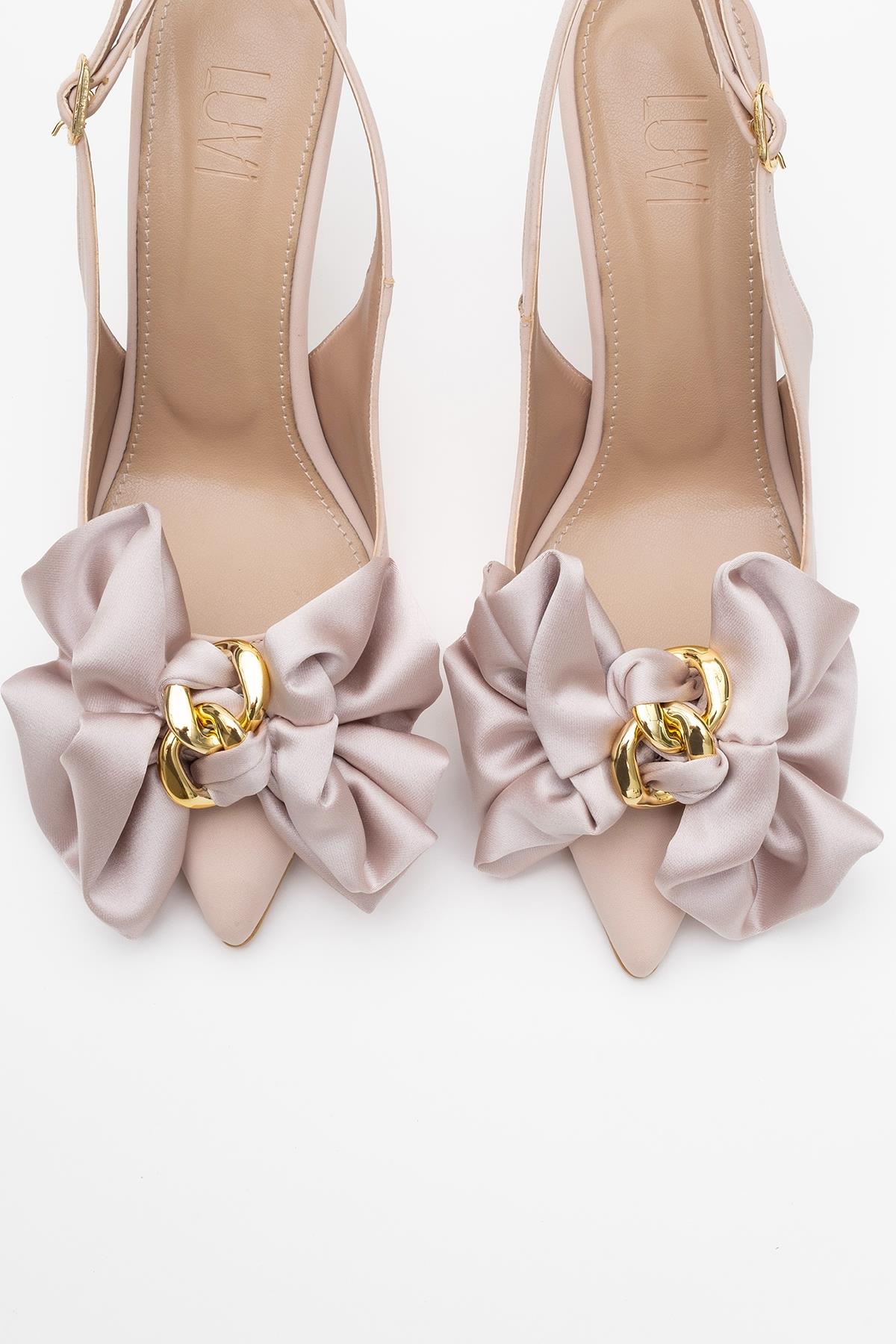 Noria - Beige Satin Floral Stiletto – side view showing satin, leather, SimmiUnique