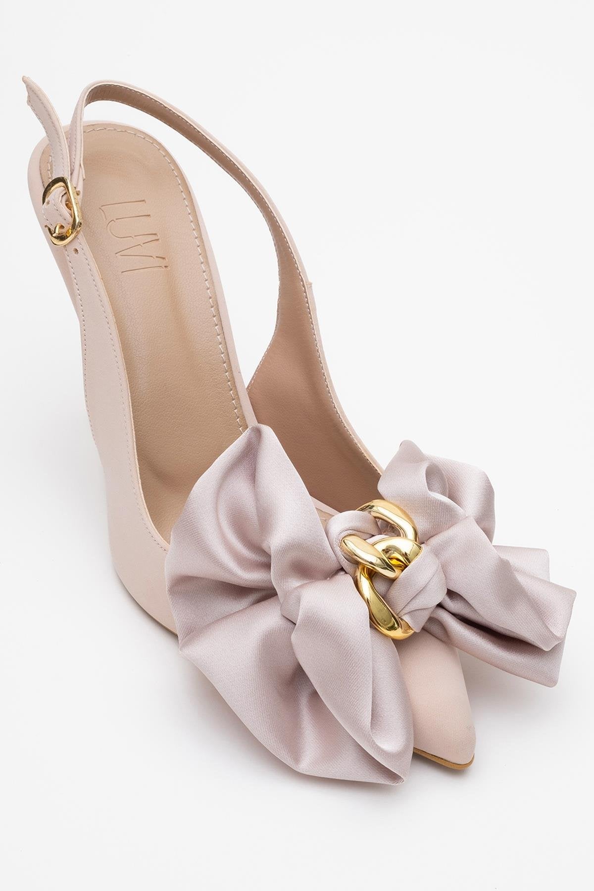 Noria - Beige Satin Floral Stiletto – detail view showing satin, leather, SimmiUnique