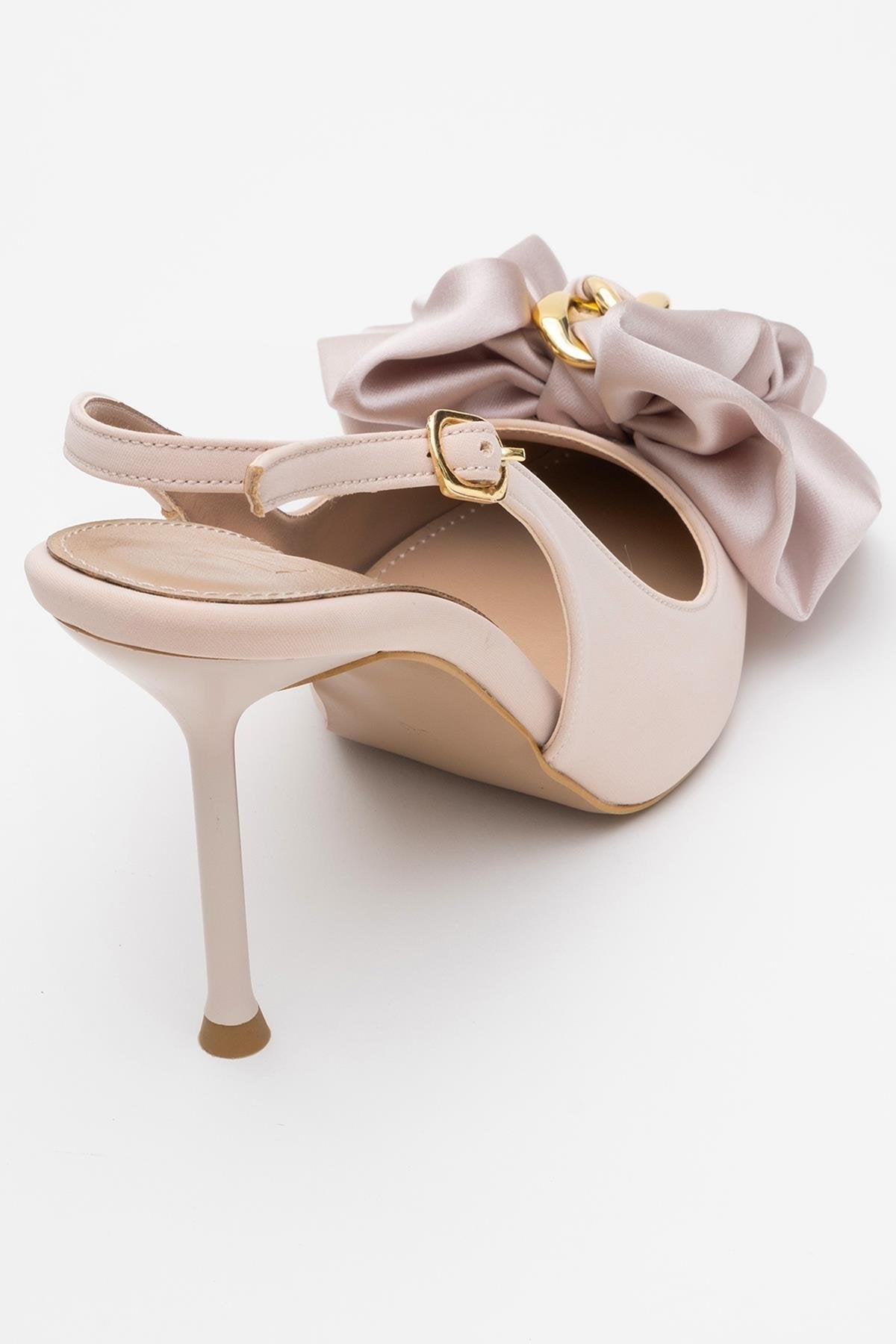 Noria - Beige Satin Floral Stiletto – back view showing satin, leather, SimmiUnique