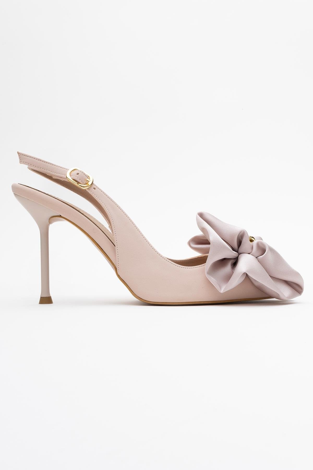 Noria - Beige Satin Floral Stiletto – top view showing satin, leather, SimmiUnique