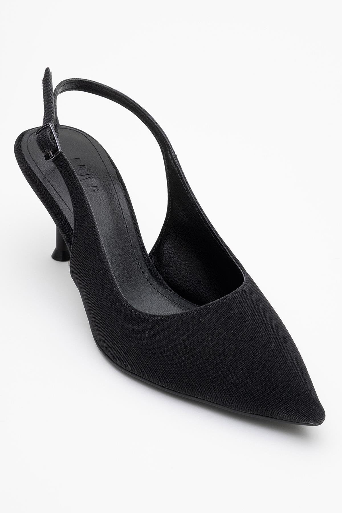 Caisa - Black Glitter Slingback Pointed Toe Pump – detail view showing leather, glitter, black, SimmiUnique
