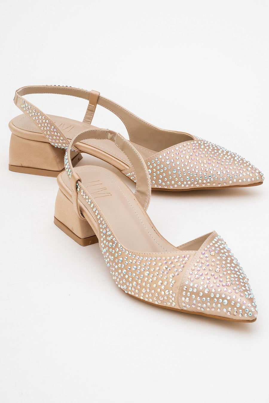 Sella - Beige Satin Jeweled Short Block Heel Shoe