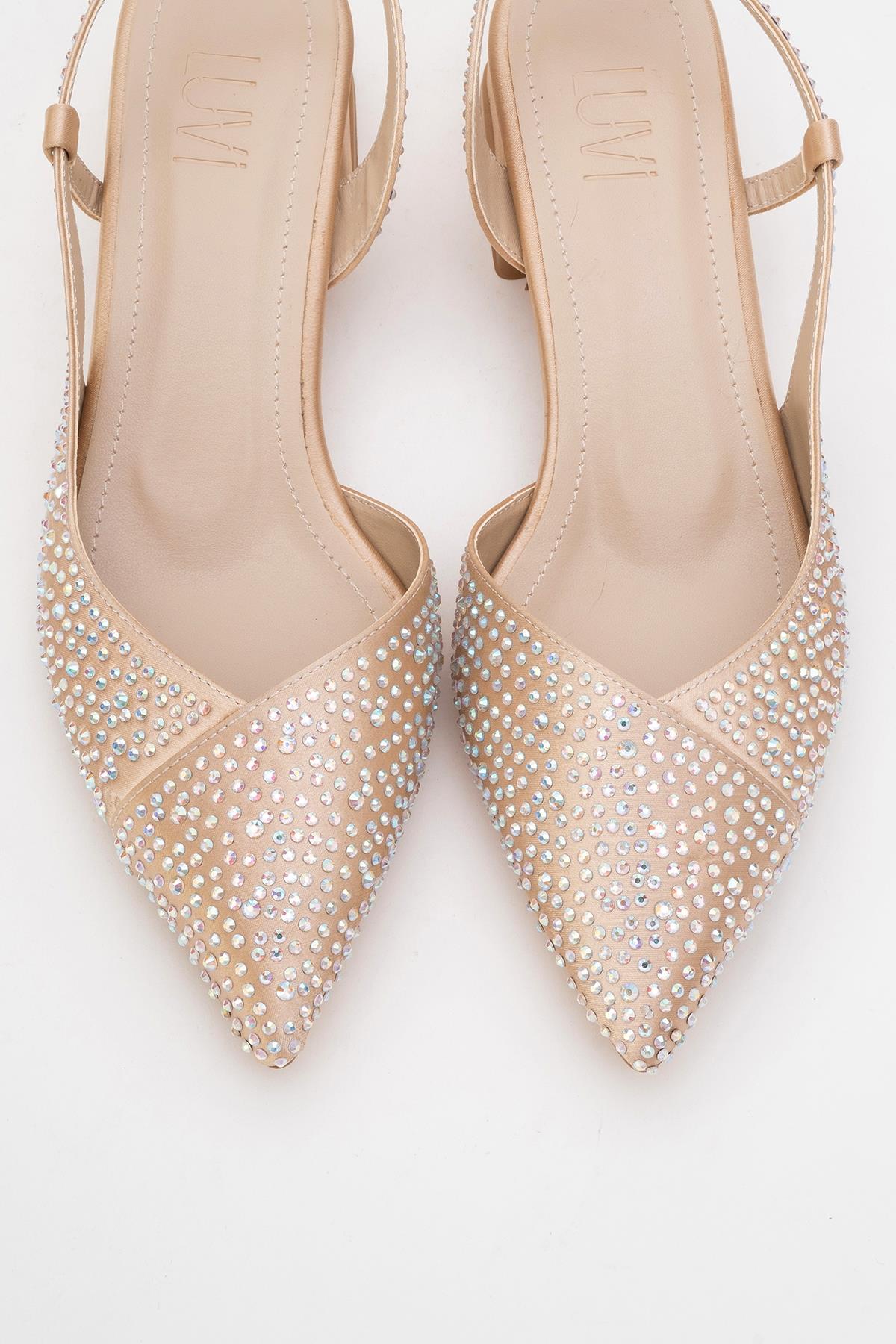 Sella - Beige Satin Jeweled Short Block Heel Shoe – side view showing satin, leather, SimmiUnique