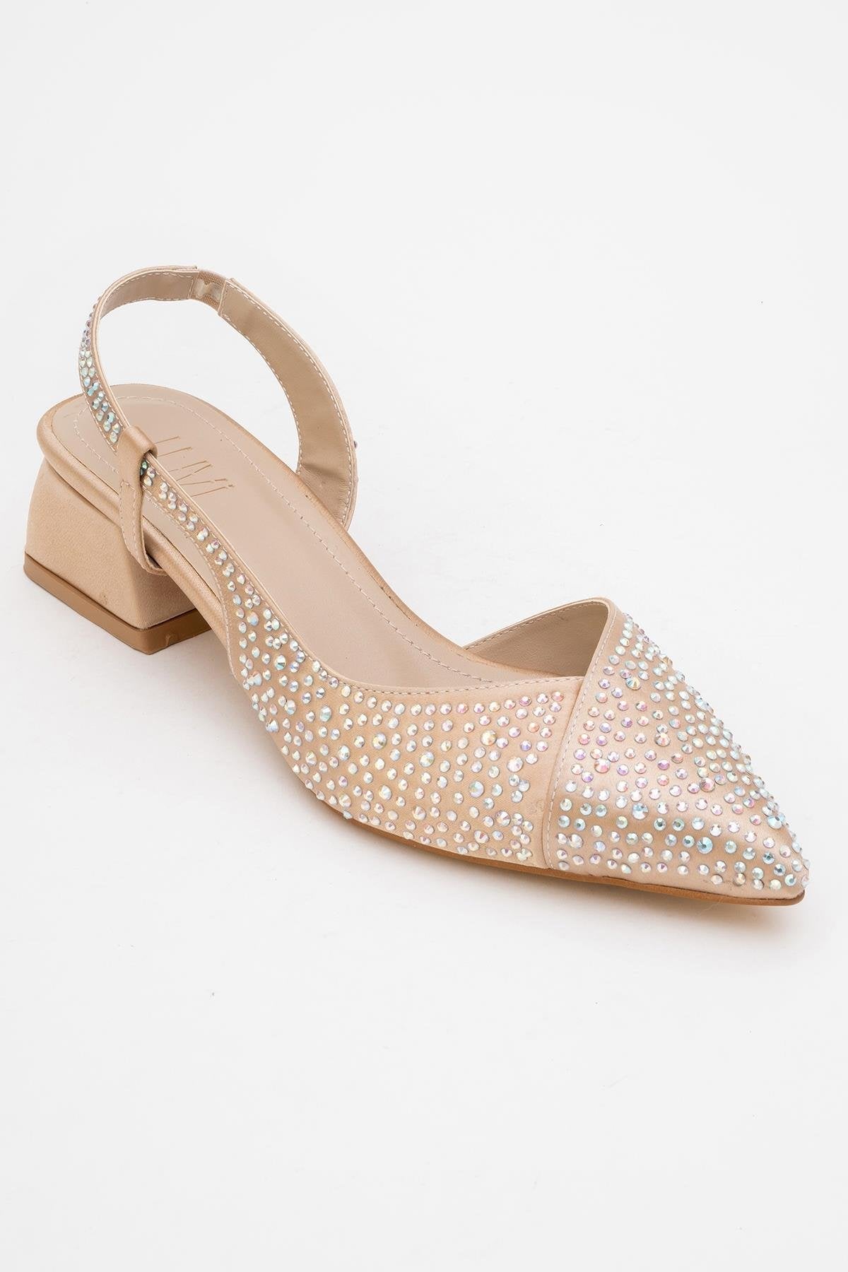Sella - Beige Satin Jeweled Short Block Heel Shoe – detail view showing satin, leather, SimmiUnique