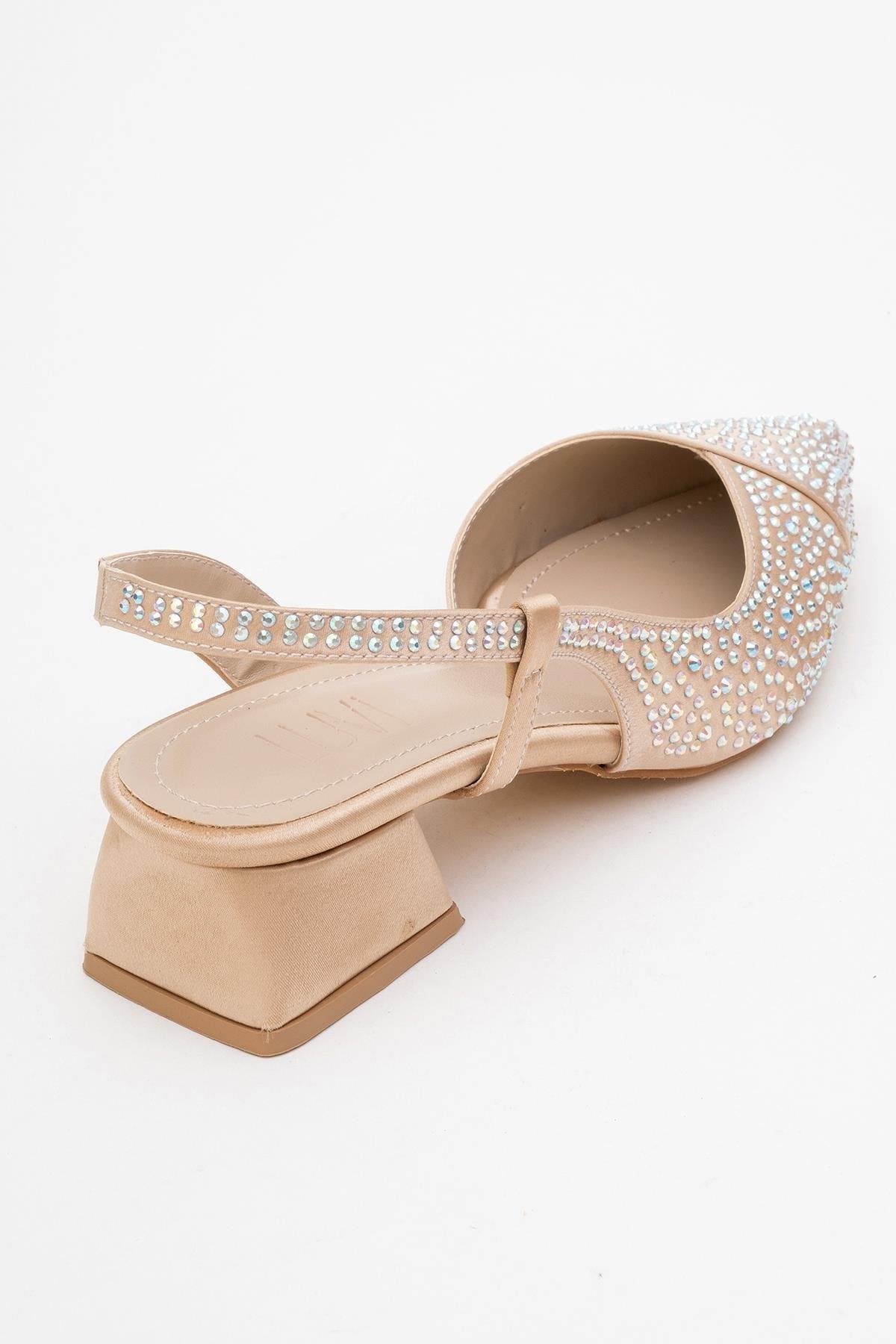 Sella - Beige Satin Jeweled Short Block Heel Shoe – back view showing satin, leather, SimmiUnique