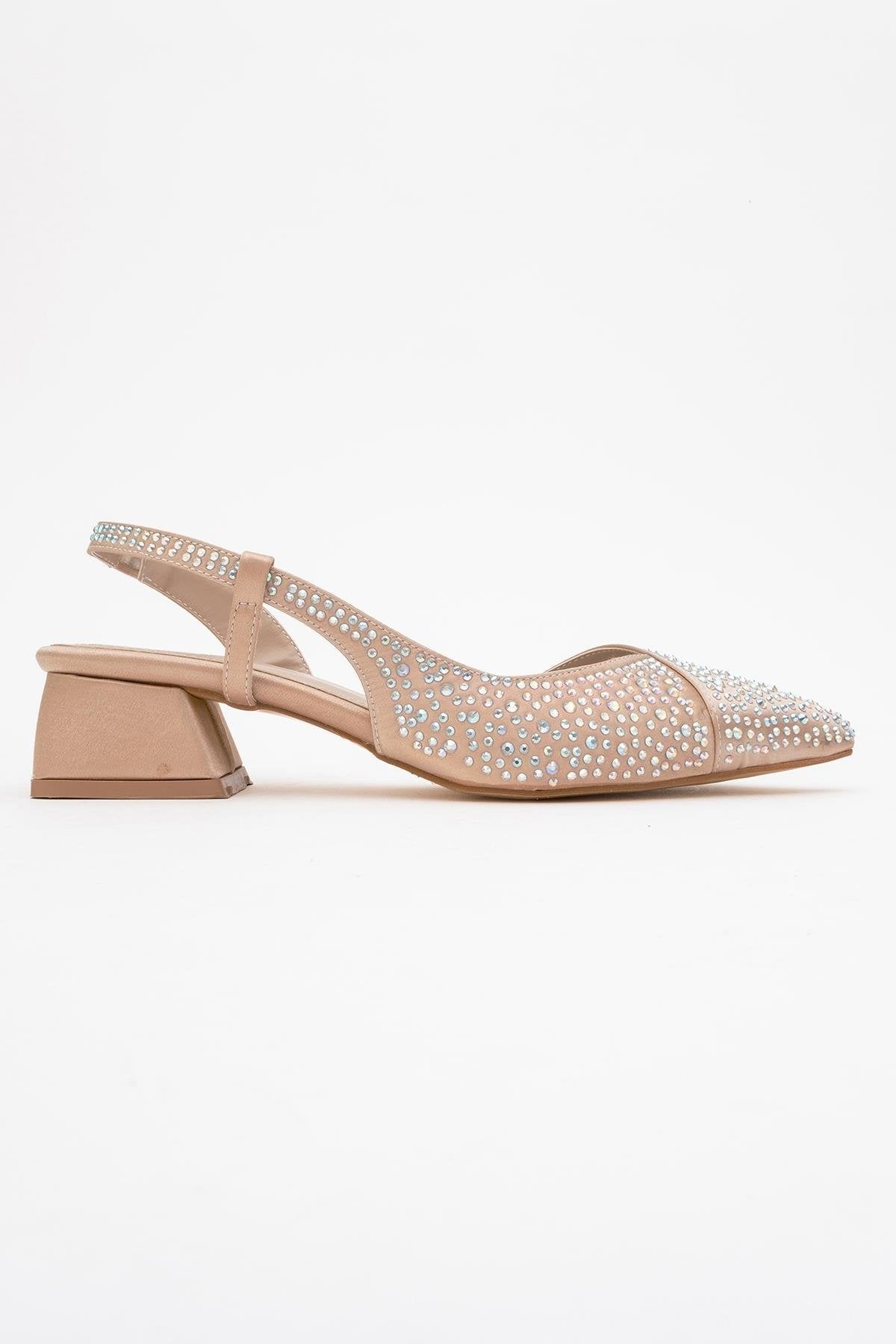 Sella - Beige Satin Jeweled Short Block Heel Shoe – top view showing satin, leather, SimmiUnique