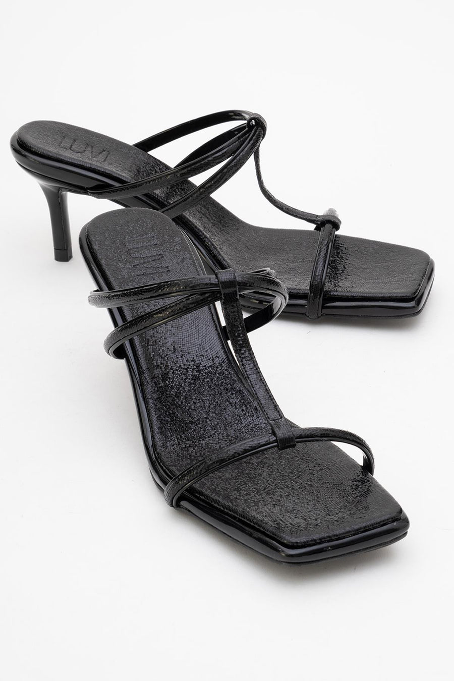 Mocha Black Pattern Square‑Toe Thin‑Strap Heel Sandal