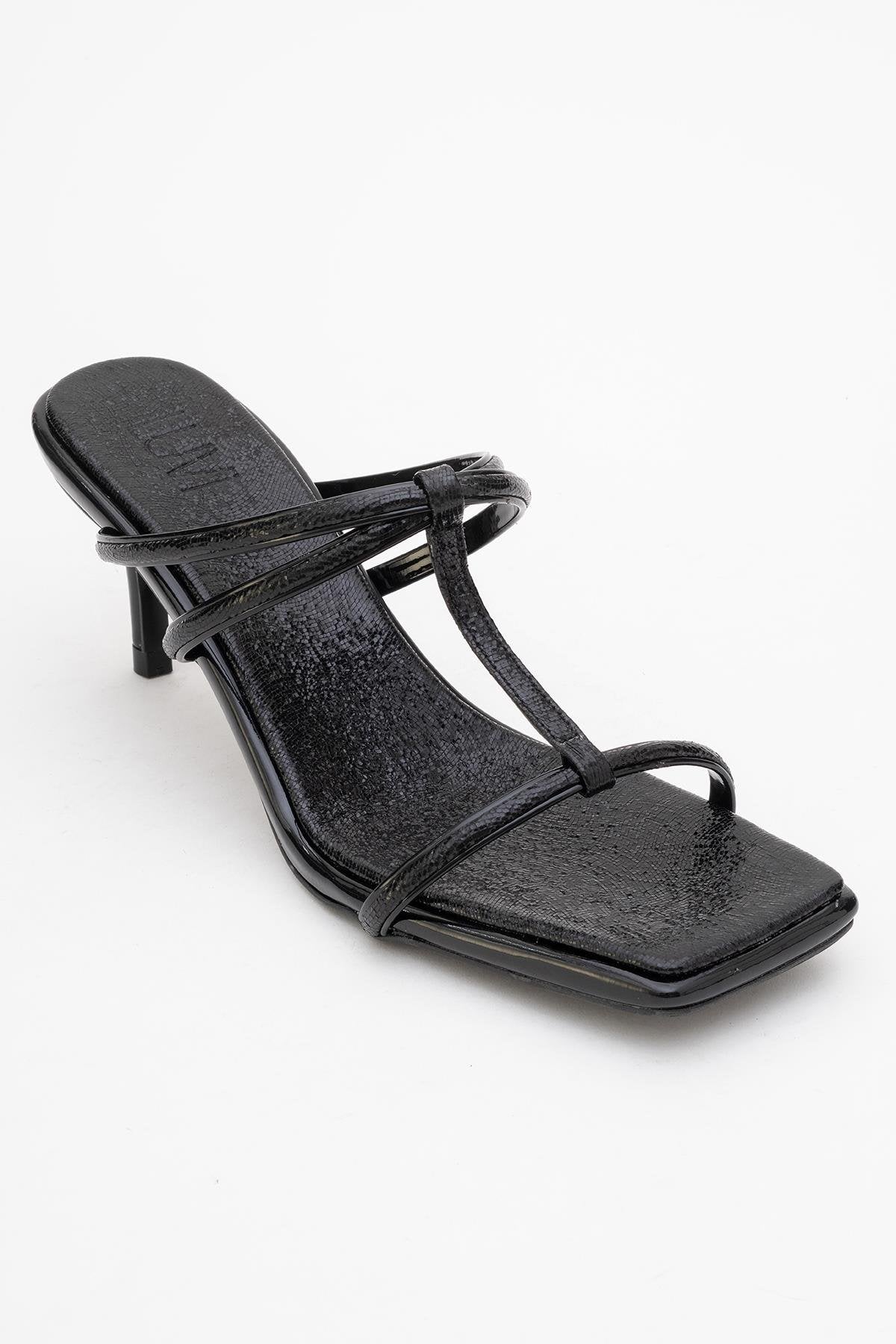 Mocha Black Pattern Square‑Toe Thin‑Strap Heel Sandal – detail view showing leather, black, red, SimmiUnique