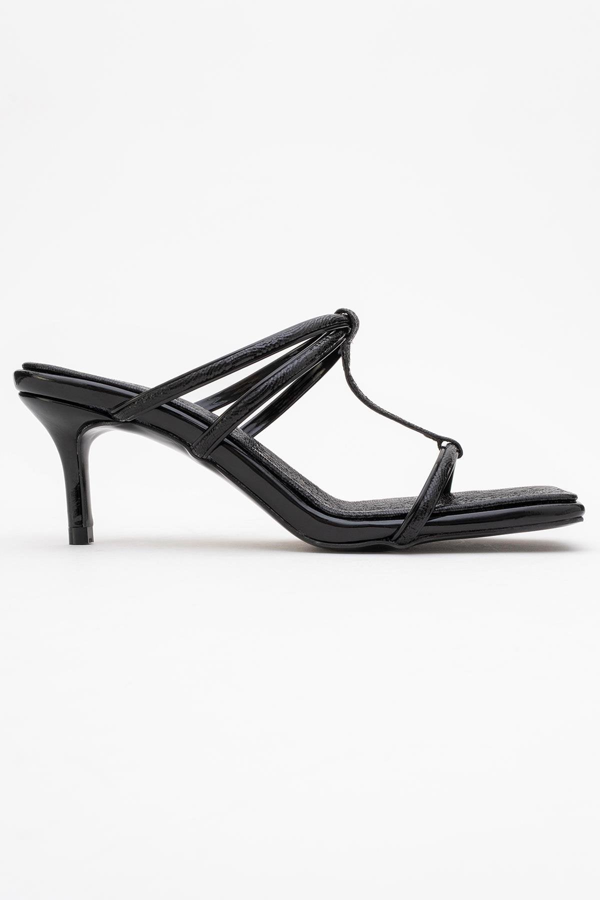 Mocha Black Pattern Square‑Toe Thin‑Strap Heel Sandal – top view showing leather, black, red, SimmiUnique
