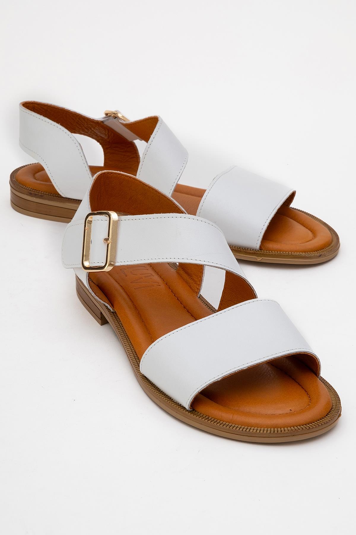 Majesty White Leather Sandal – front three-quarter view showing leather, white, gold, SimmiUnique