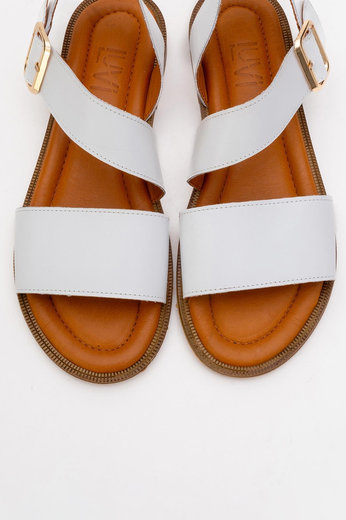 Majesty White Leather Sandal – side view showing leather, white, gold, SimmiUnique